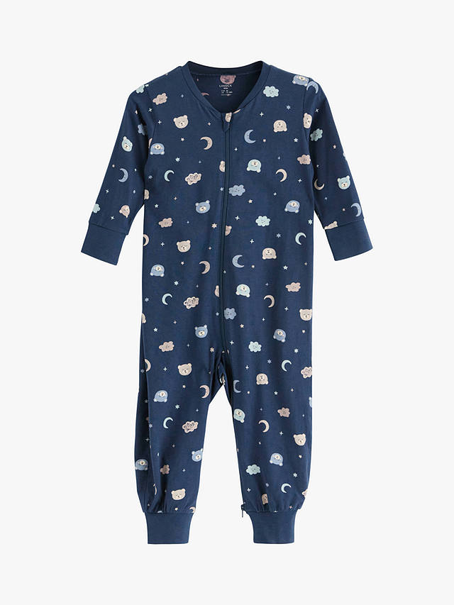 Lindex Baby Organic Cotton Bear Print Sleepsuit, Dark Blue