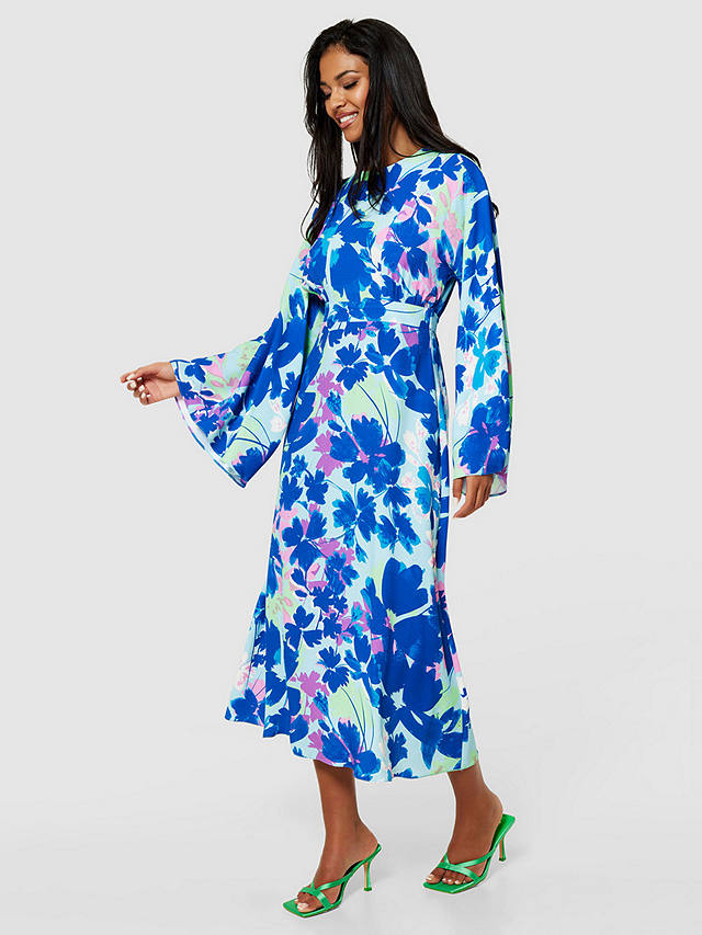 Closet London A-Line Floral Print Kimono Dress, Royal Blue