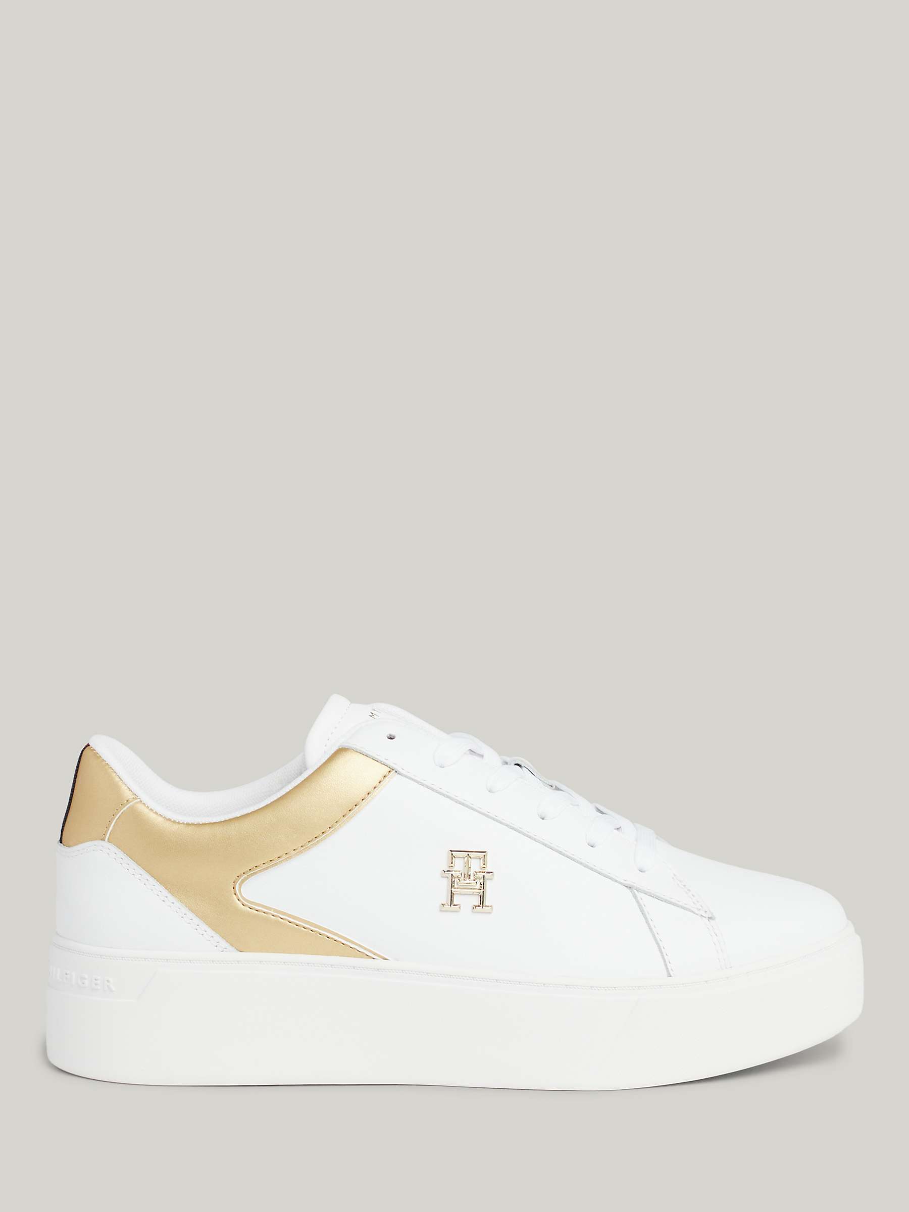 Buy Tommy Hilfiger Leather Lace-Up Platform Trainers, White/Gold Online at johnlewis.com