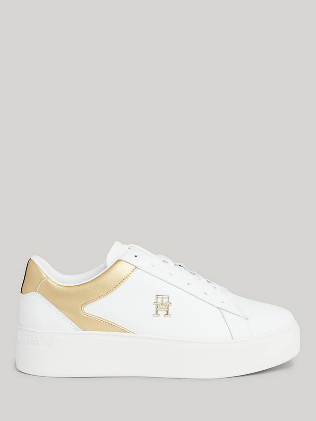 Tommy Hilfiger Leather Lace-Up Platform Trainers, White/Gold