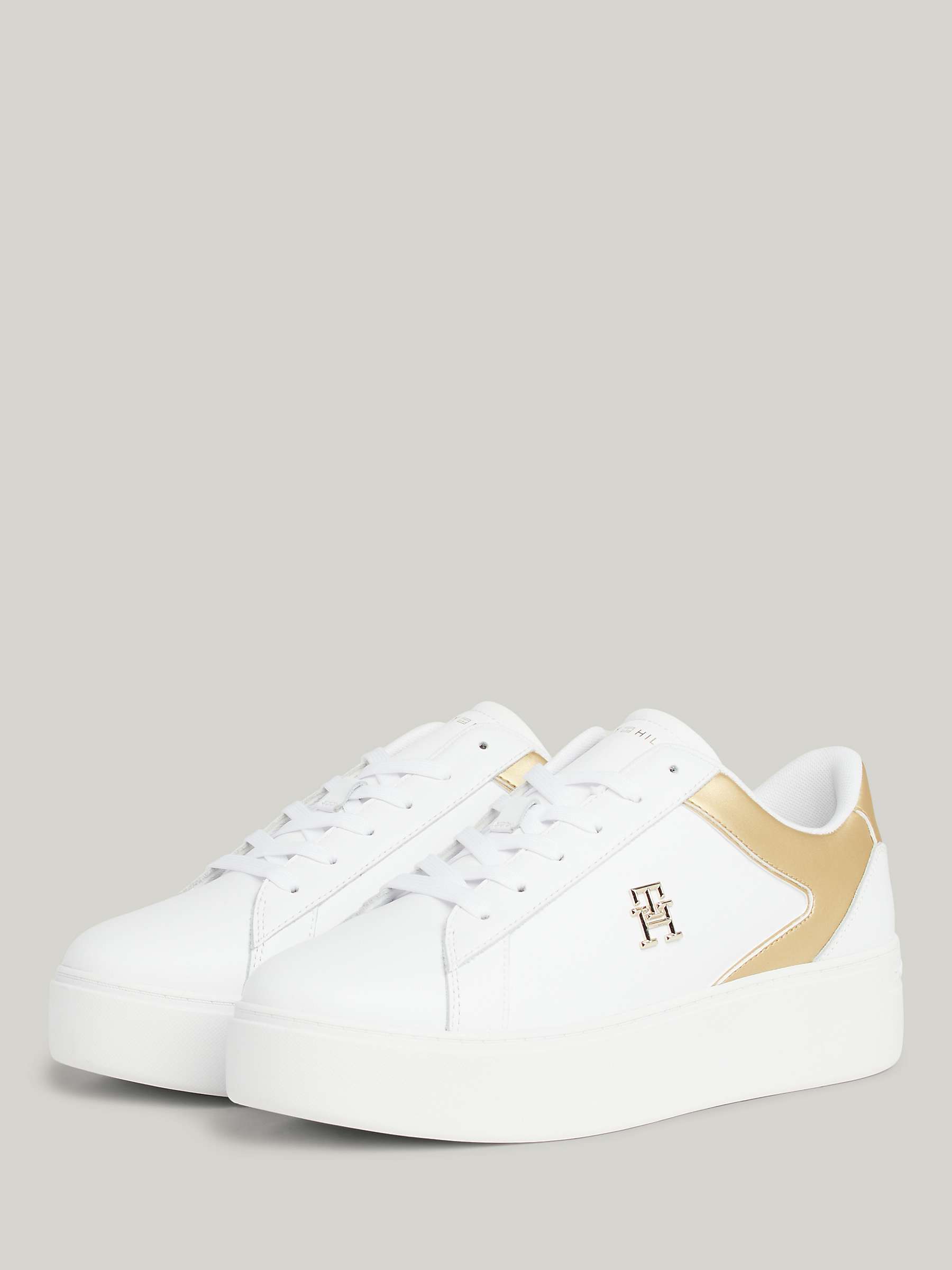 Buy Tommy Hilfiger Leather Lace-Up Platform Trainers, White/Gold Online at johnlewis.com