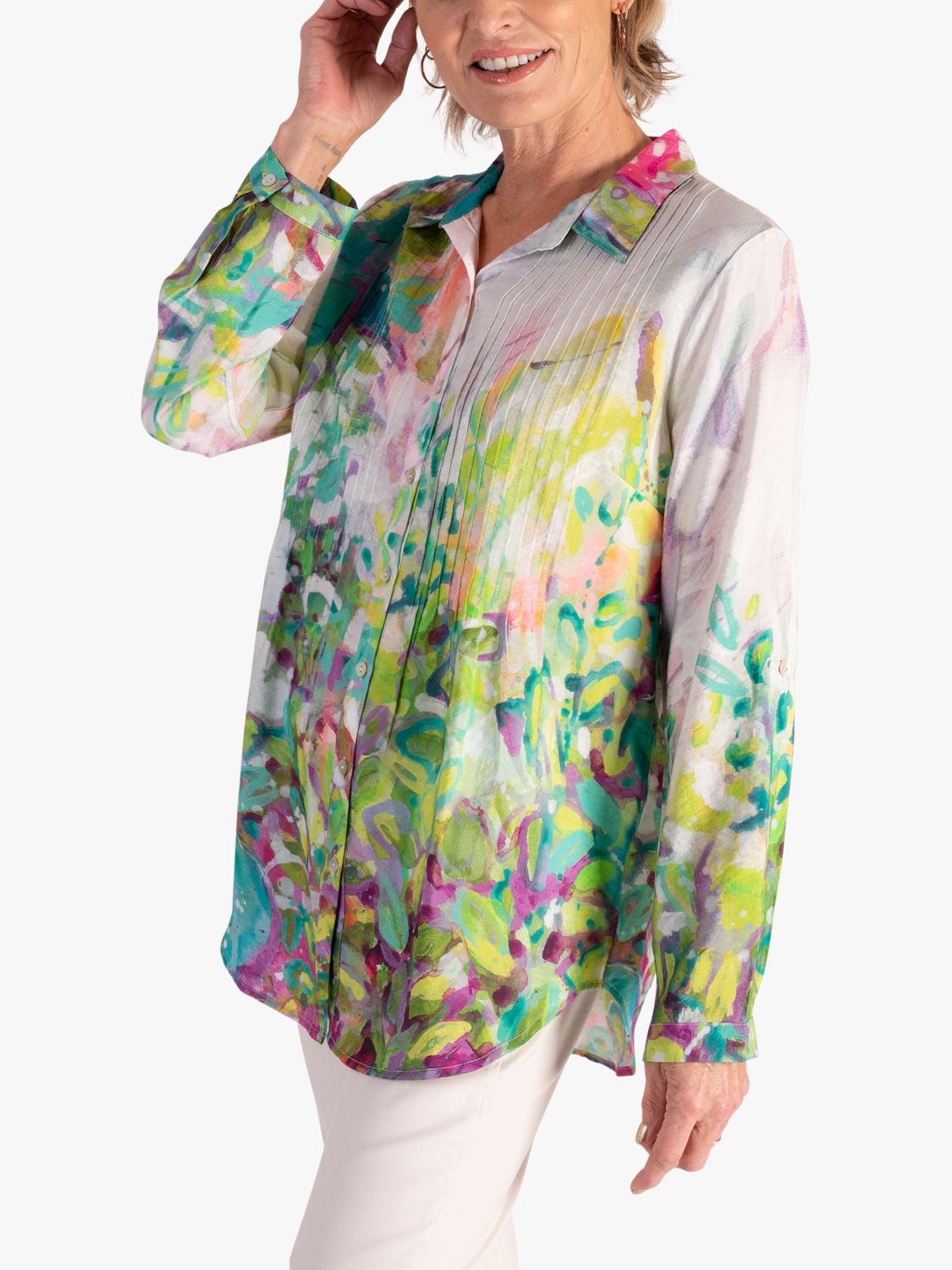 Buy chesca Abstract Spring Flowers Print Pintuck Shirt, Green/Multi Online at johnlewis.com