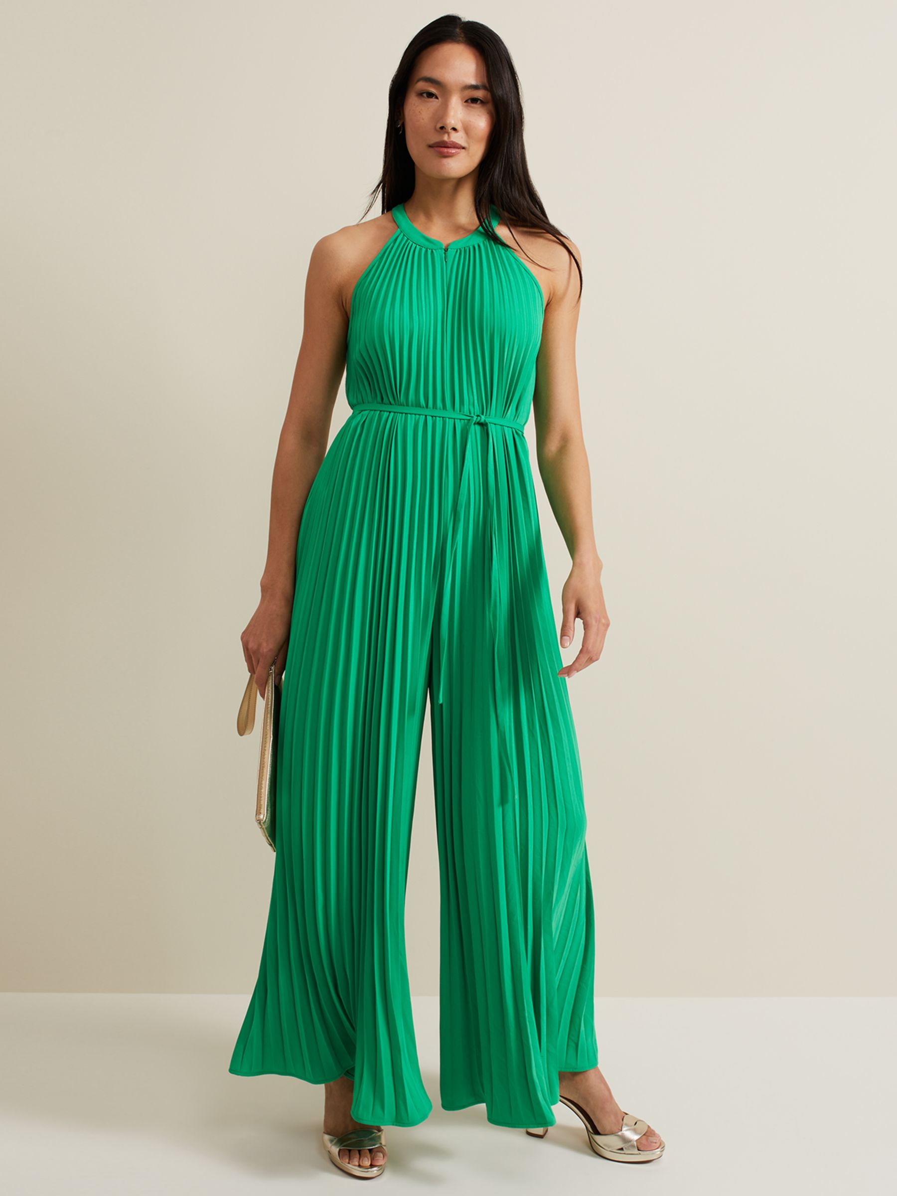 Phase Eight Brea Pleated Wide Leg Jumpsuit, Green, 6