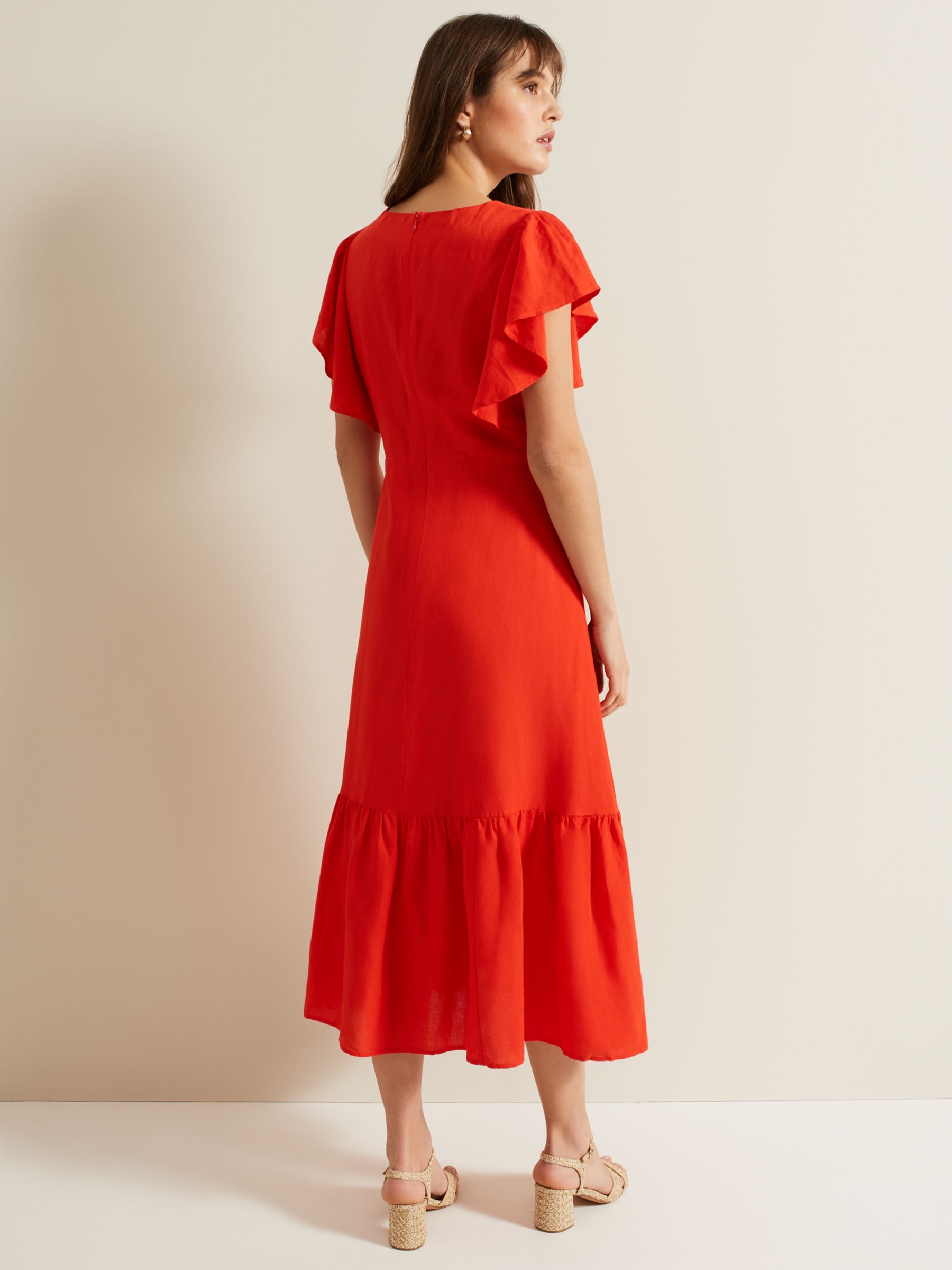 Phase Eight Morgan Linen Blend Tiered Midi Dress, Red, 6