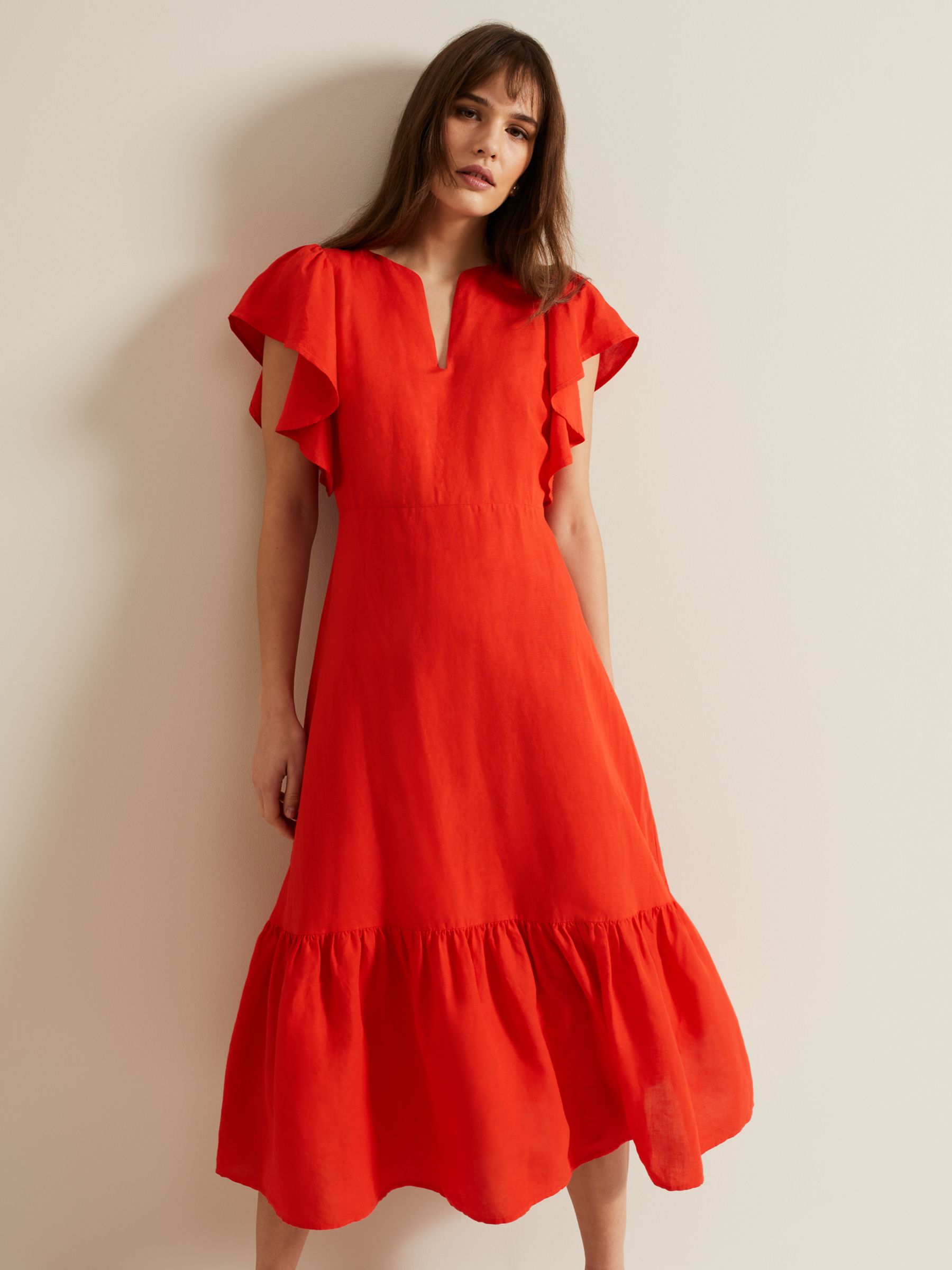 Phase Eight Morgan Linen Blend Tiered Midi Dress, Red, 6