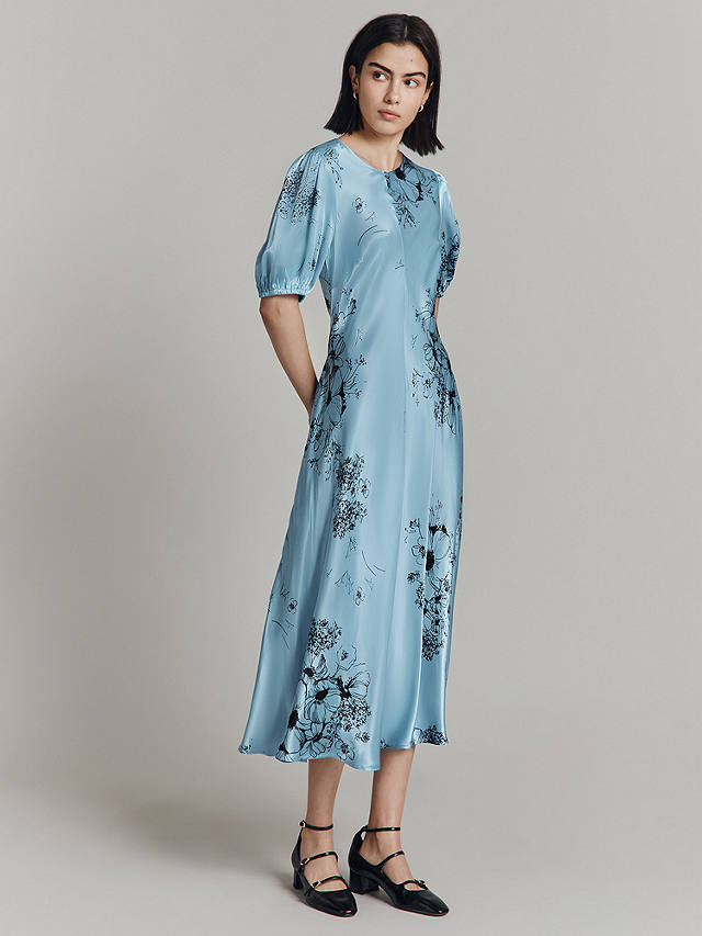 Ghost Paloma Puff Sleeve Floral Midi Dress, Blue
