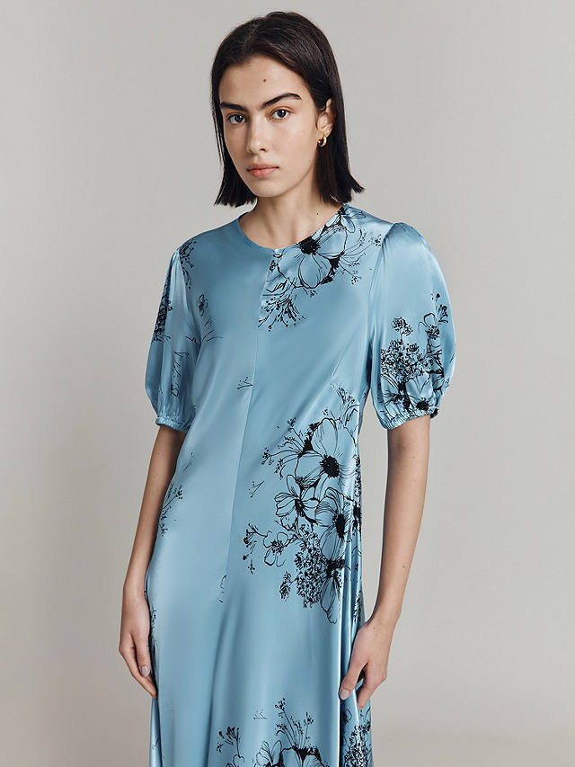 Ghost Paloma Puff Sleeve Floral Midi Dress, Blue