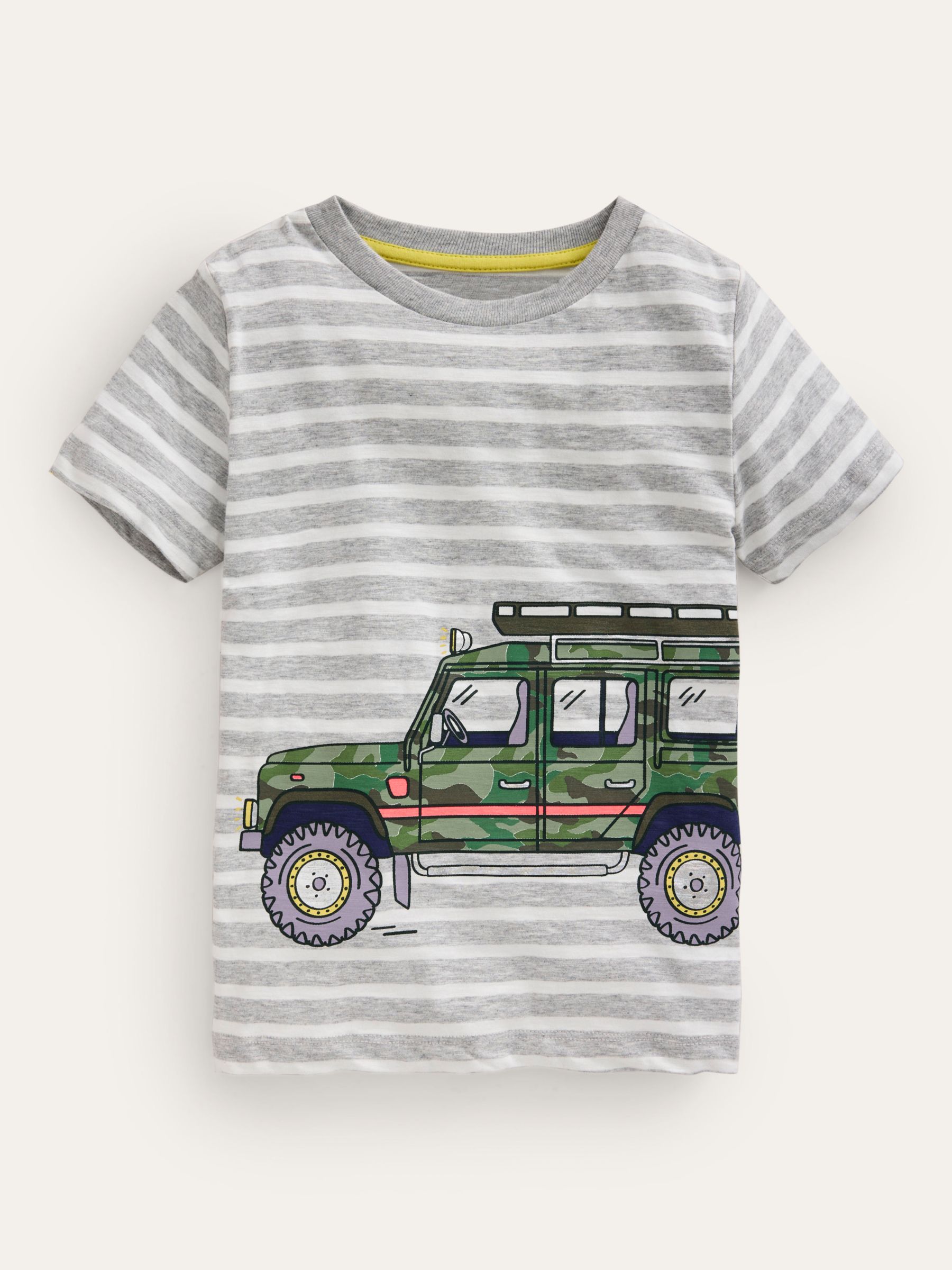 Mini Boden Kids' Stripe Foil Print Range Rover T-Shirt, Grey/Ivory, 6-7 years