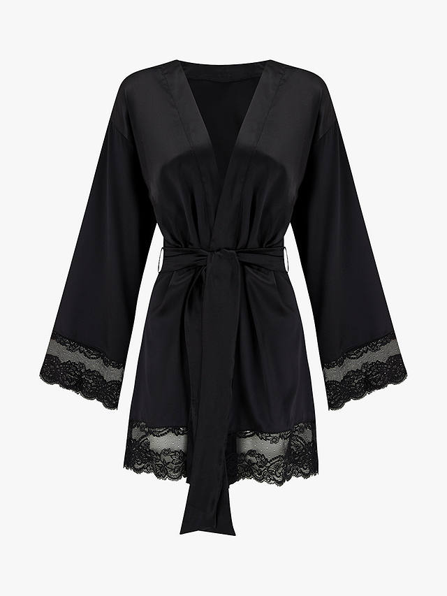 Coco de Mer Seraphine Lace Trim Silk Robe, Black