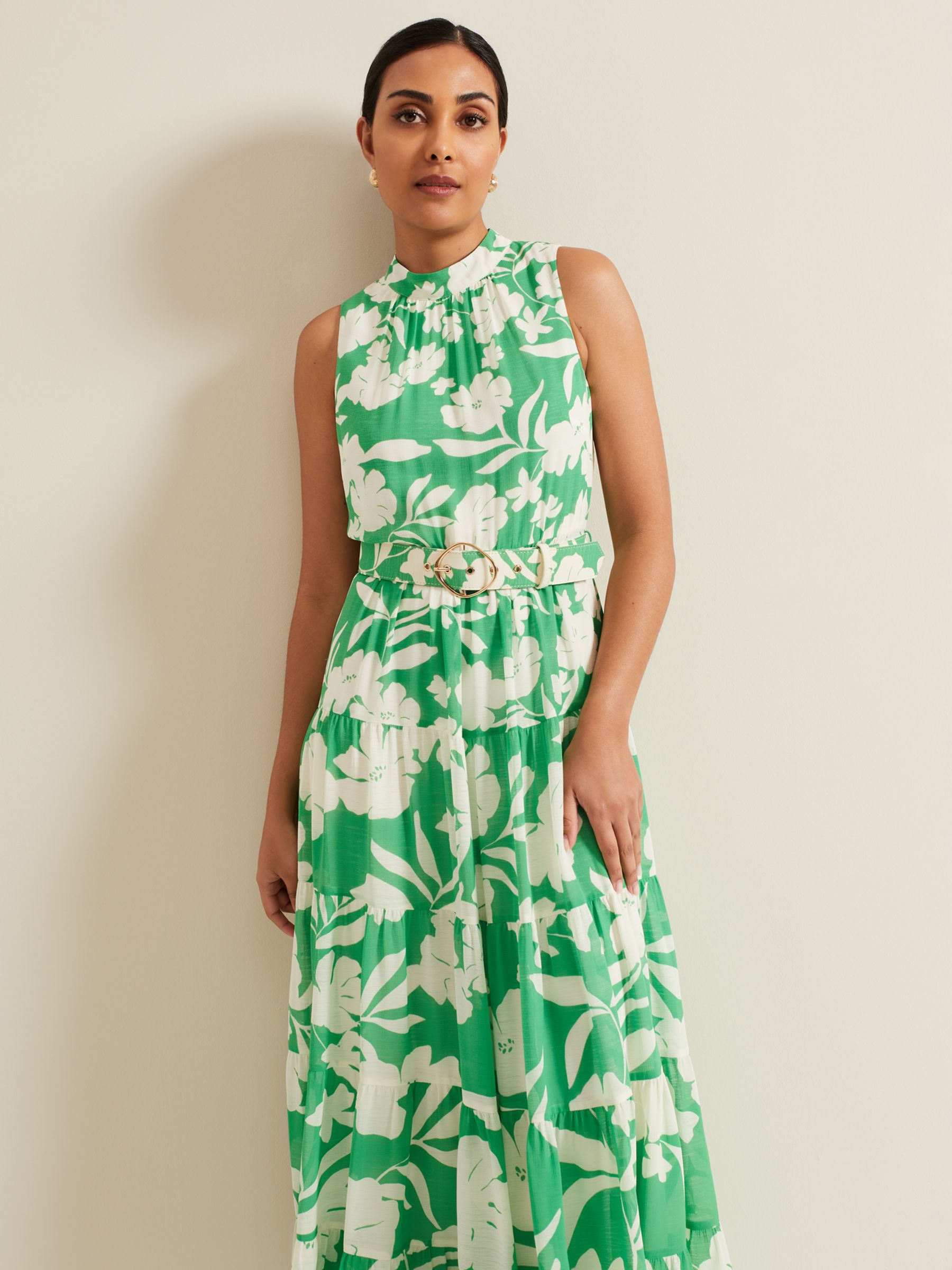 Phase Eight Petite Kara Maxi Tiered Floral Dress, Green/White, 6