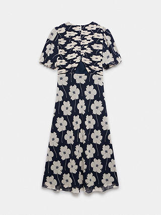 Mint Velvet Floral Print Pleat Detail Midi Dress, Navy/Ivory