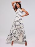 Mint Velvet Halterneck Ruffle Detail Maxi Dress, Cream/Multi