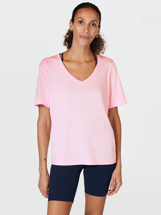 Sweaty Betty Essential Organic Cotton Blend V-Neck T-Shirt, Nerine Pink