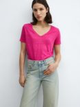 Mango Linito Linen V-Neck T-Shirt, Bright Pink