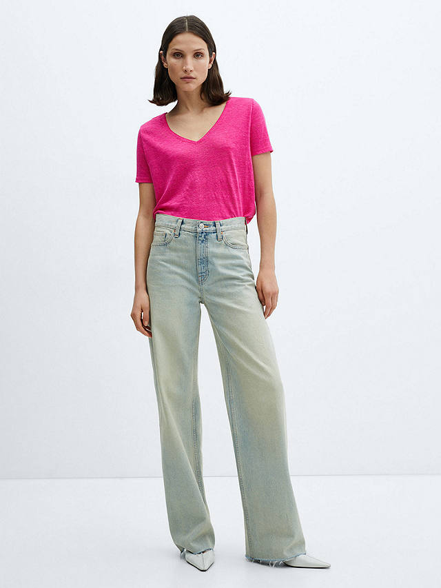 Mango Linito Linen V-Neck T-Shirt, Bright Pink