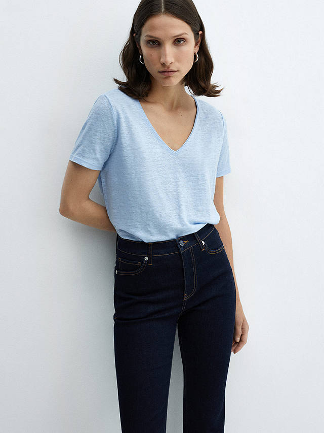 Mango Linito Linen V-Neck T-Shirt, Light Pastel Blue