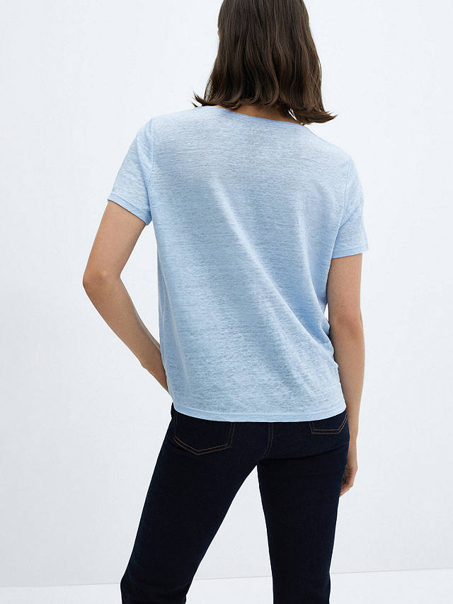 Mango Linito Linen V-Neck T-Shirt, Light Pastel Blue