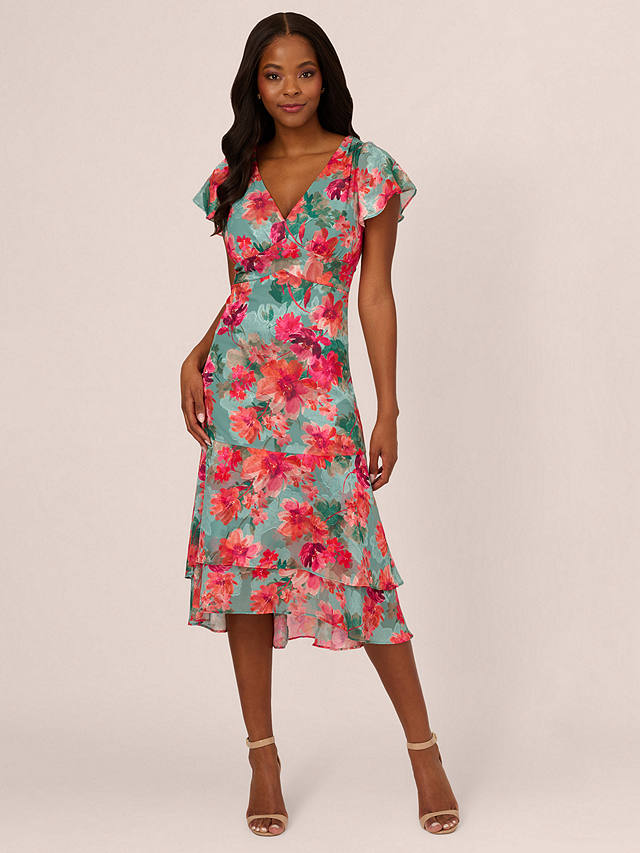 Adrianna Papell V-Neck Floral Midi Dress, Turquoise/Multi