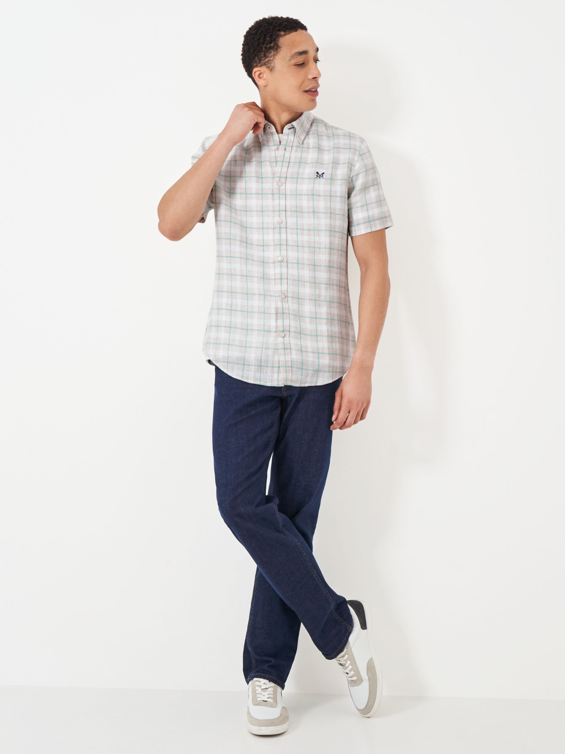 Buy Crew Clothing Short Sleeve Linen Check Shirt, Stone/Multi Online at johnlewis.com