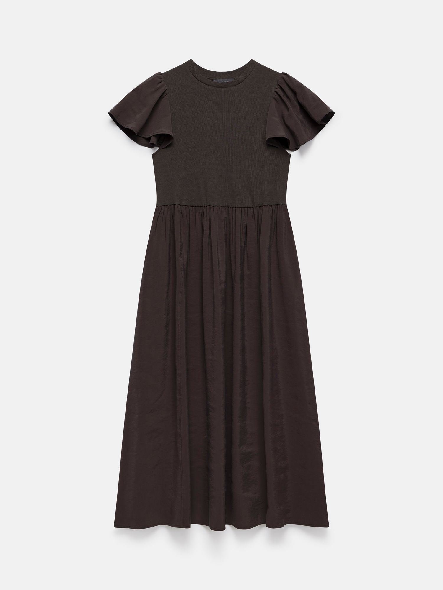 Mint Velvet Ruffle Sleeve Jersey Midi Dress, Dark Brown, L