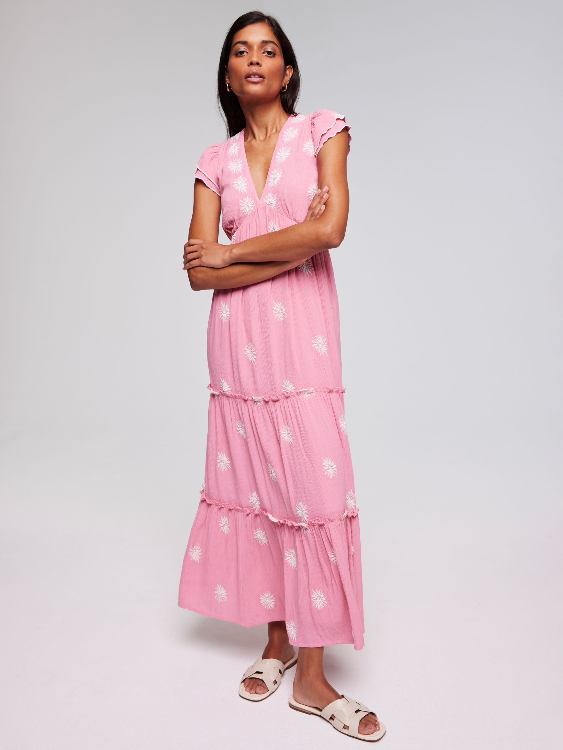Mint Velvet Floral Embroidered Maxi Dress, Pink Mid, 6