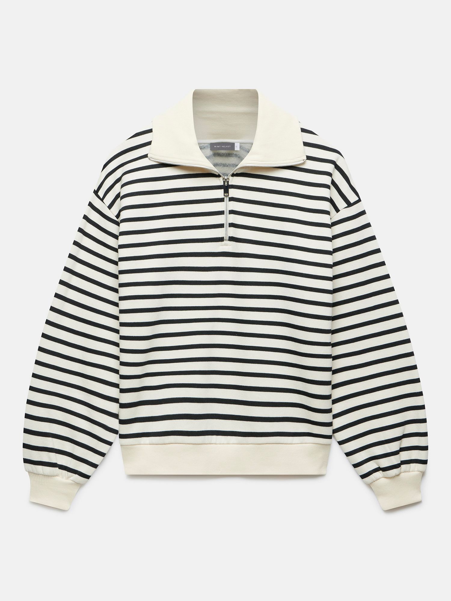 Mint Velvet Striped Cotton Half Zip Sweatshirt, Cream/Black, L
