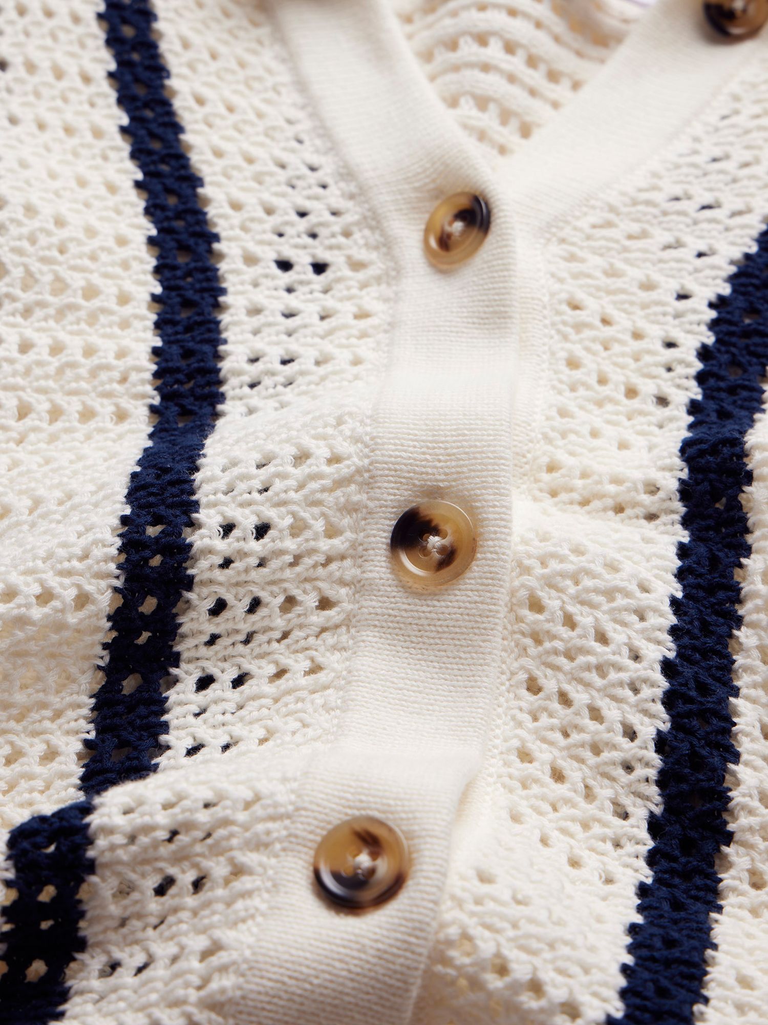 Mint Velvet Striped Crochet Collared Cardigan, Ivory/Navy, L