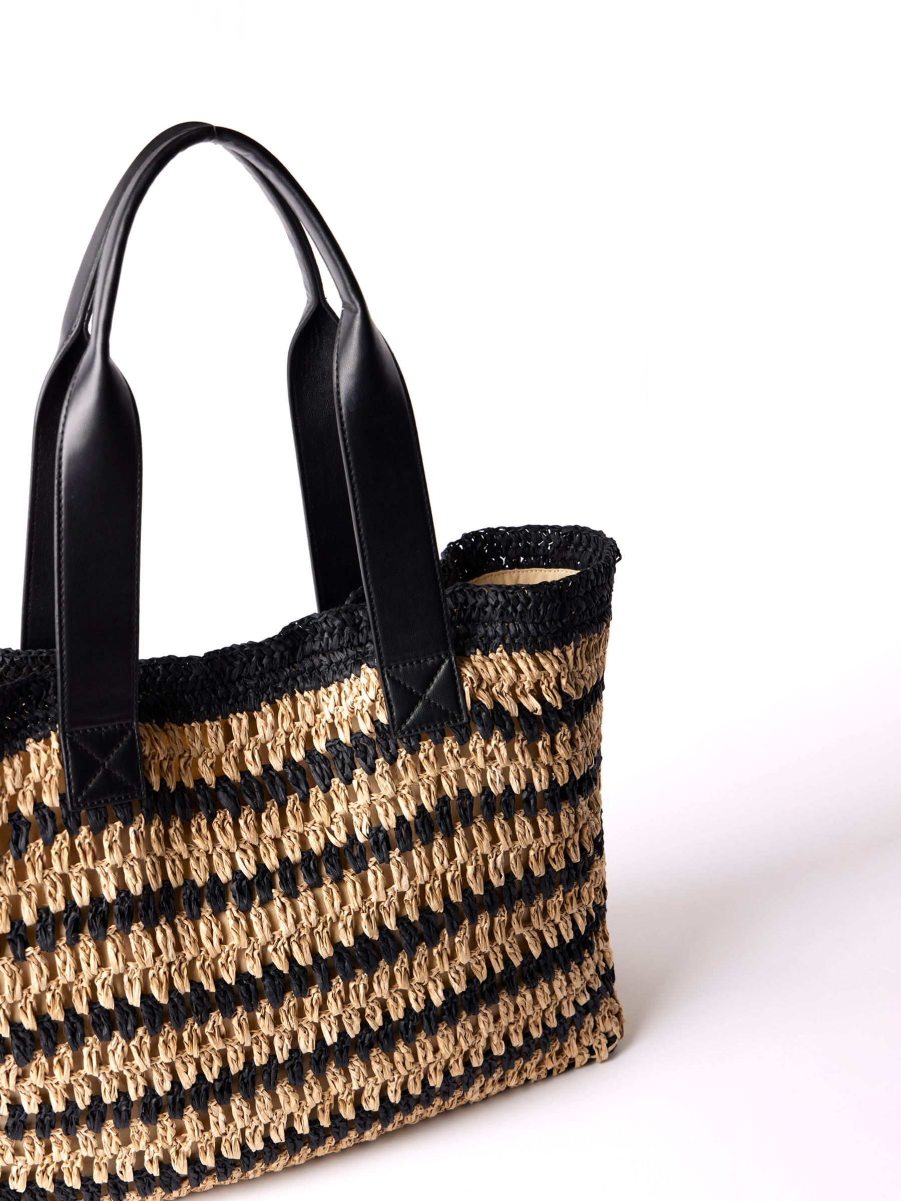 Mint Velvet Woven Striped Tote Bag, Black/Natural, One Size