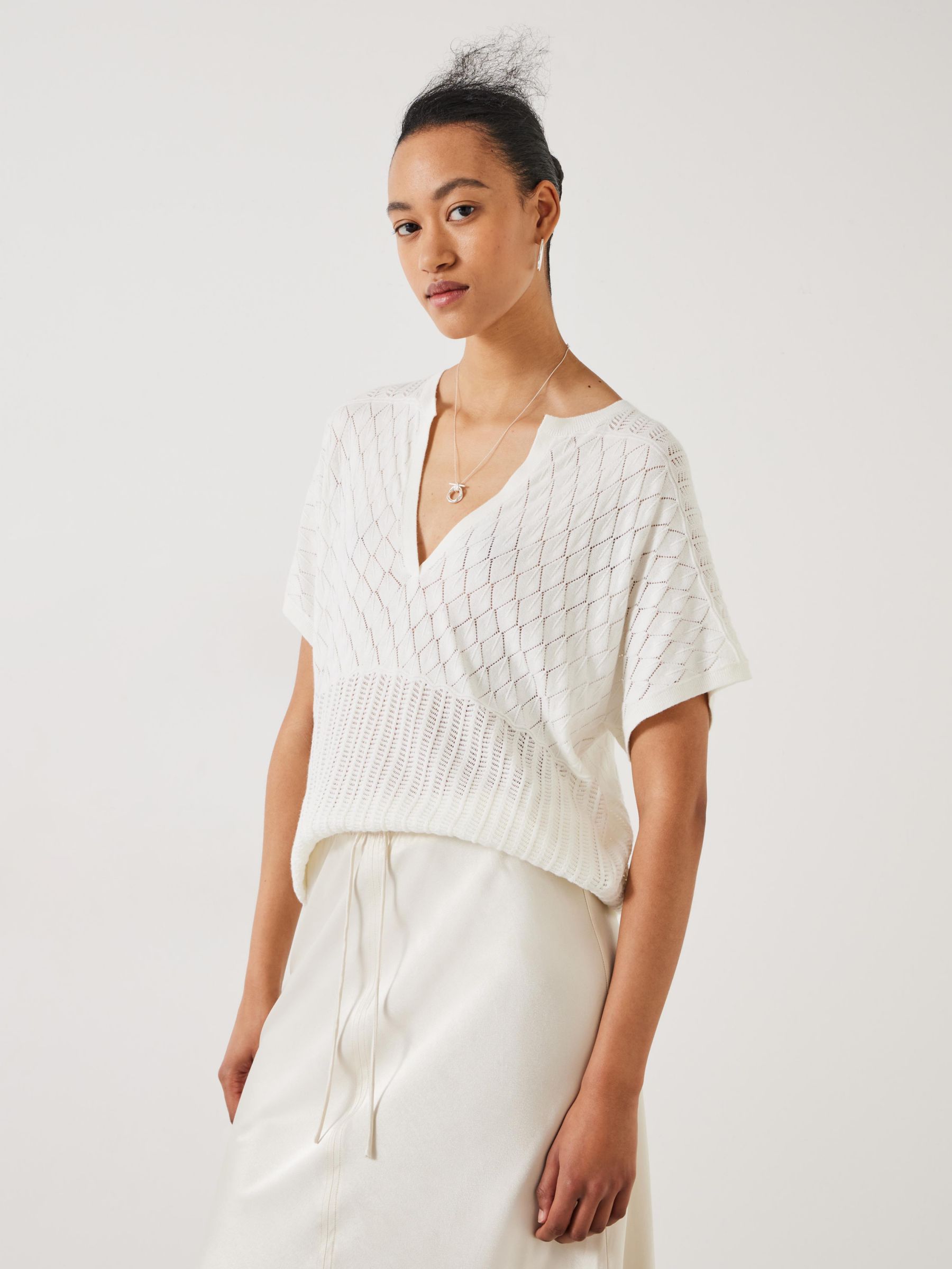 HUSH Adeena Pointelle Stitch Knitted T-Shirt, Soft White, L