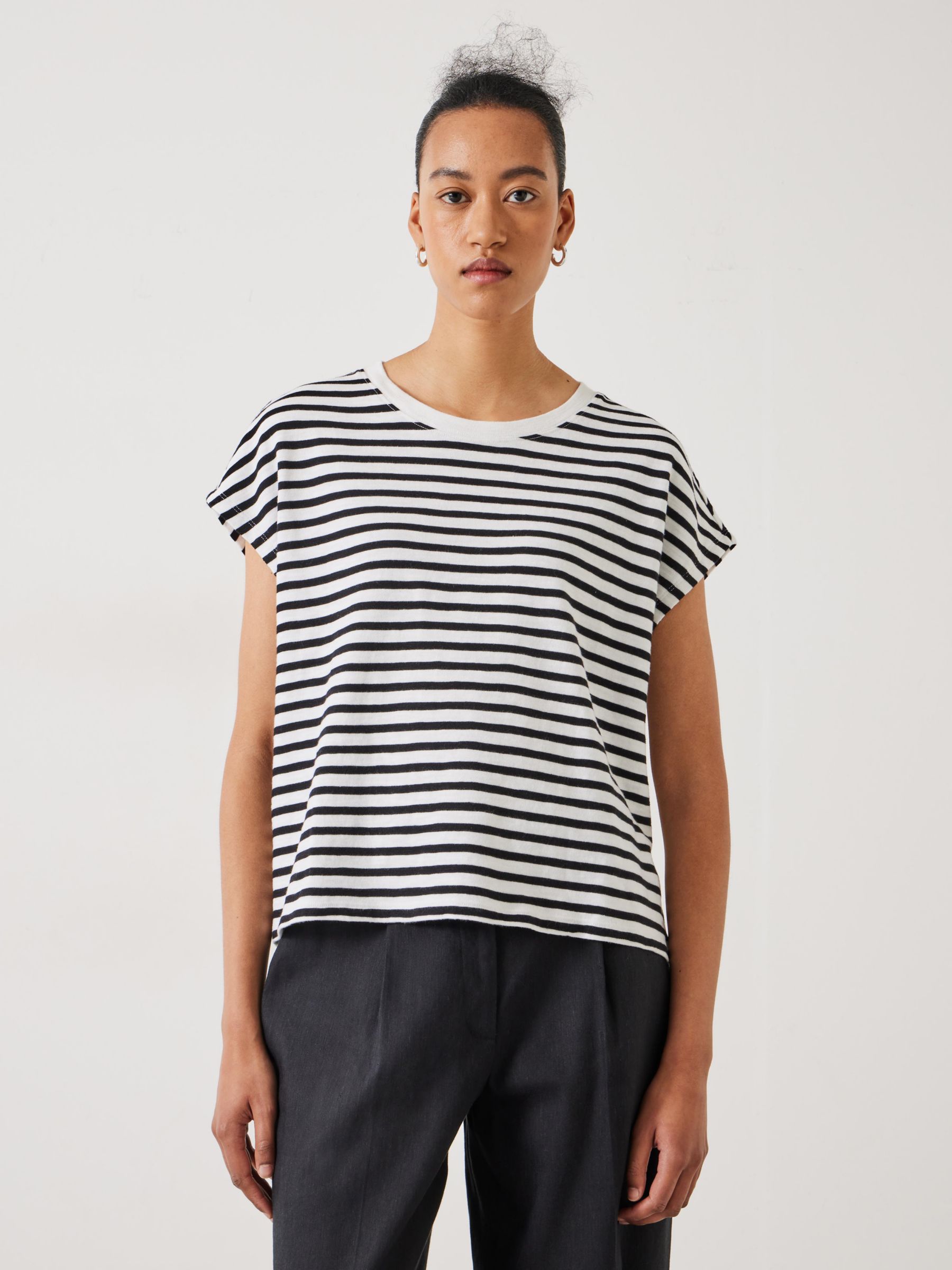 HUSH Piper Stripe Cap Sleeve T-Shirt, White/Black, L