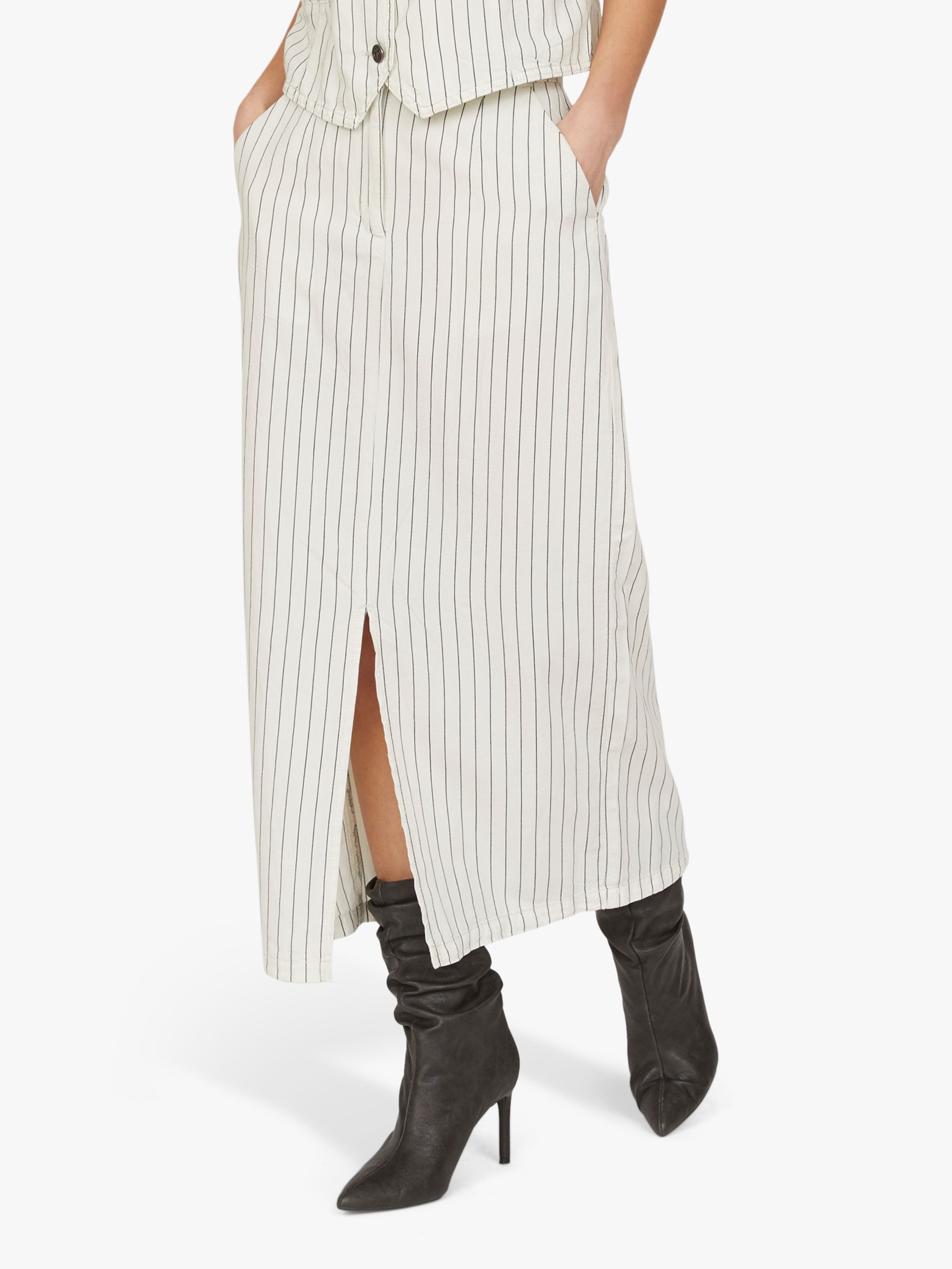 Sisters Point Elama Stripe Front Split Midi Skirt, Cream/Navy, XS