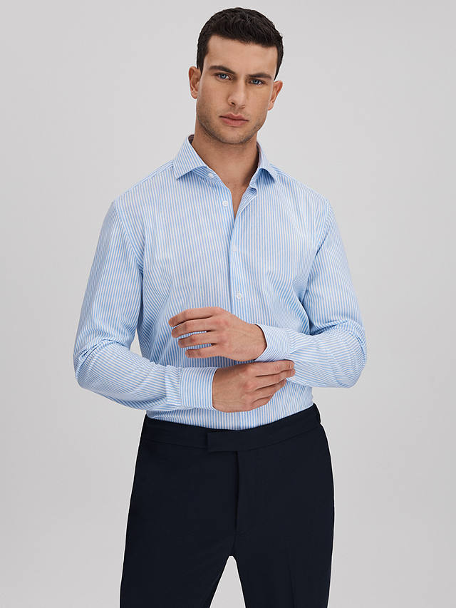 Reiss Archie Stripe Silk Blend Shirt, White/Soft Blue