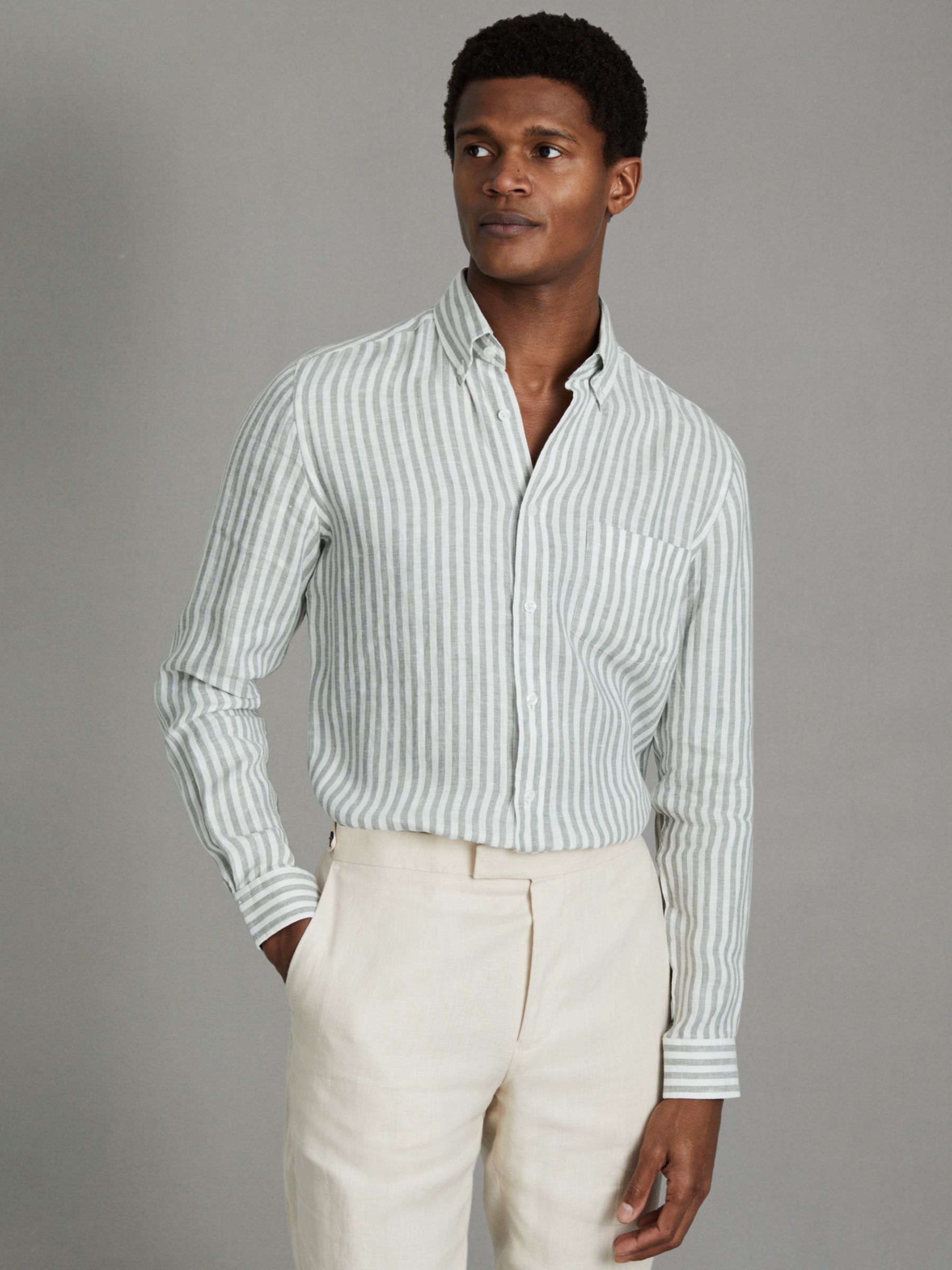 Buy Reiss Queens Bengal Stripe Linen Shirt, Sage Online at johnlewis.com