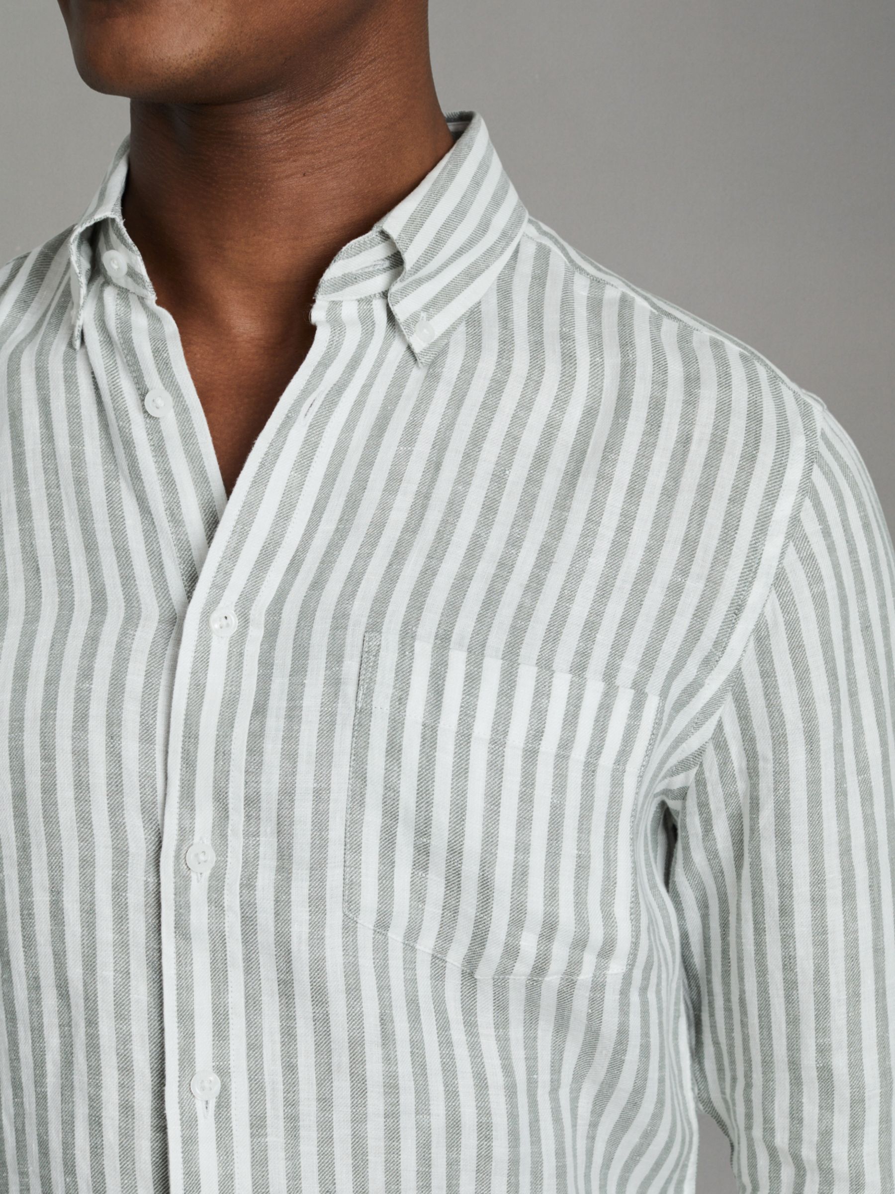 Reiss Queens Bengal Stripe Linen Shirt, Sage, XS