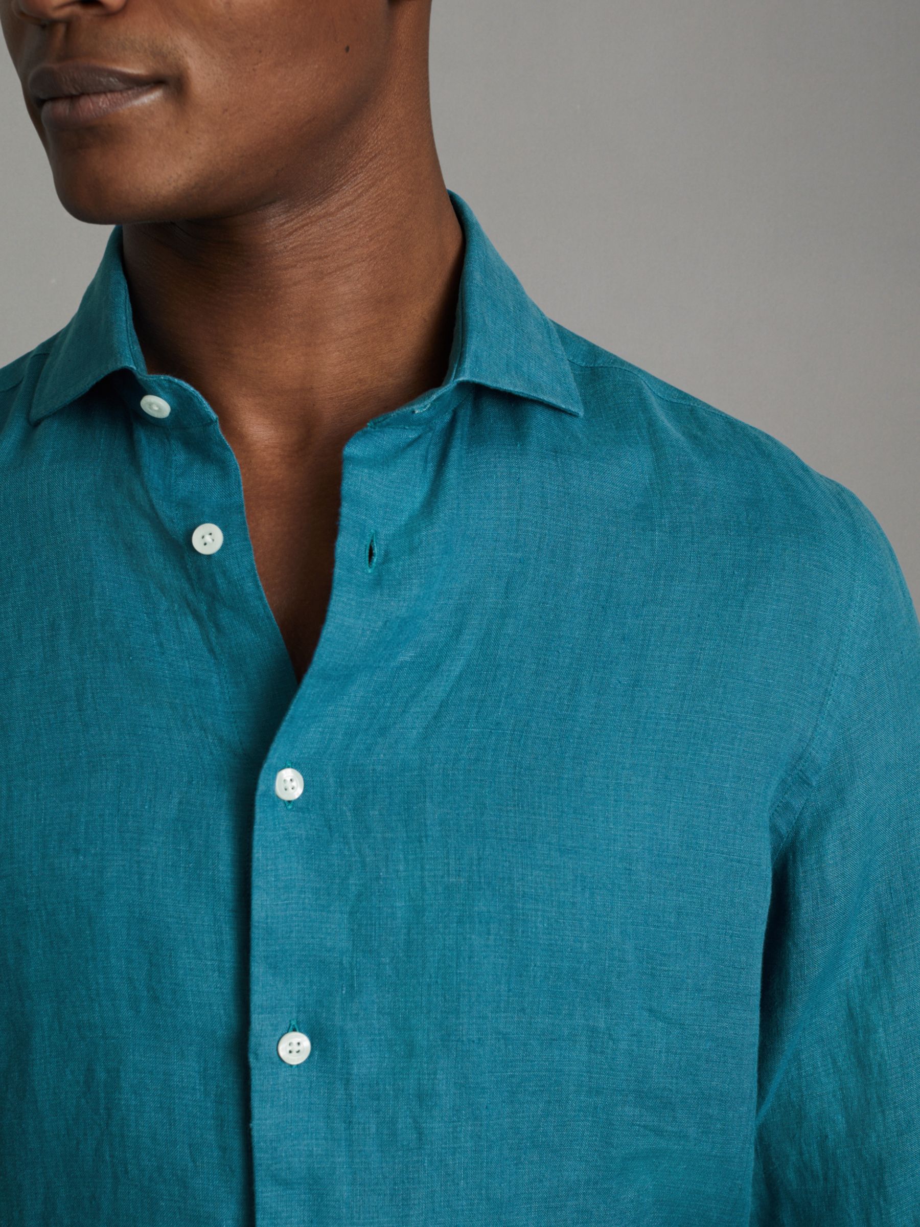 Reiss Ruban Regular Fit Linen Shirt, Turquoise, XS
