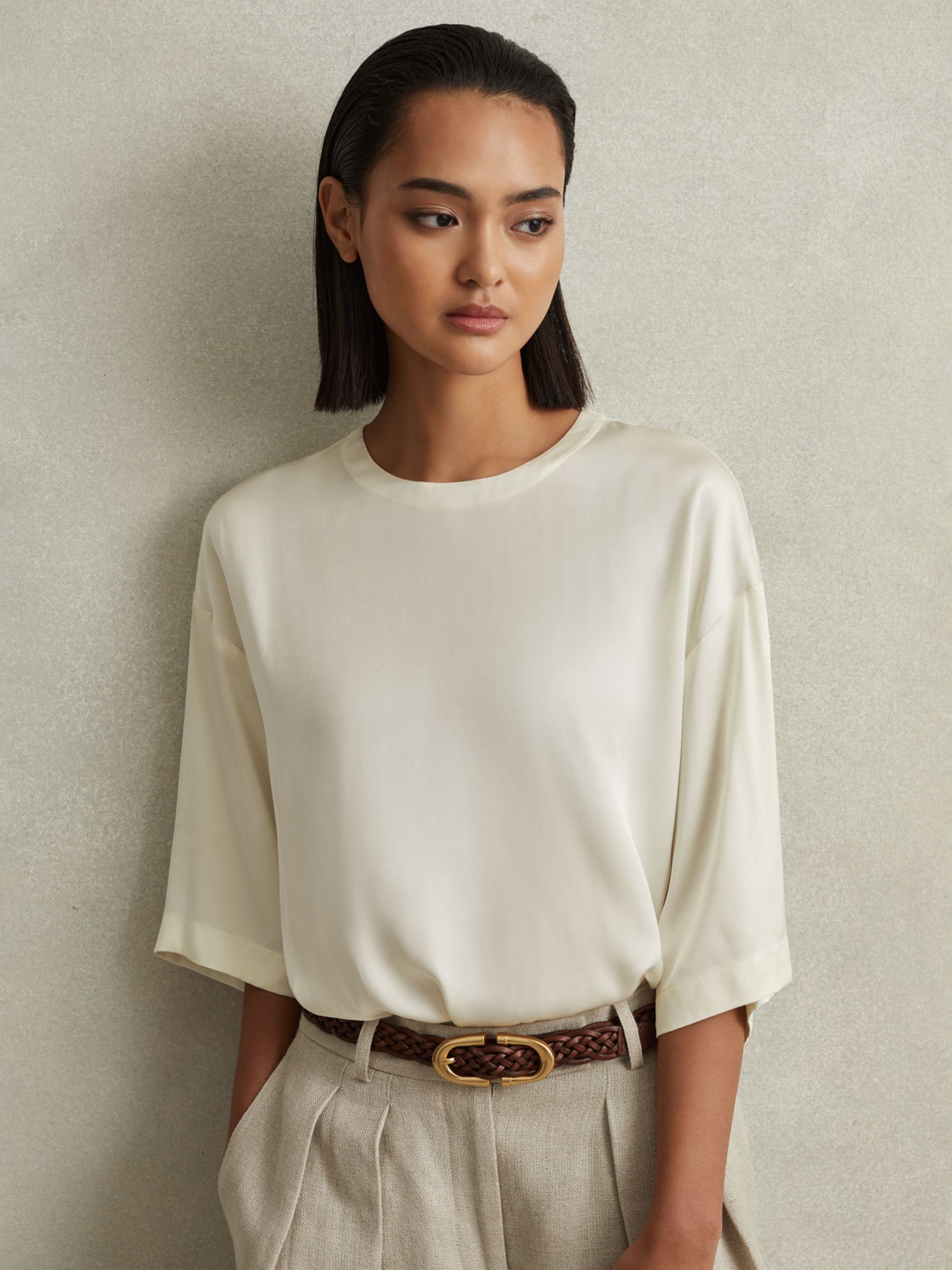 Reiss Anya Relaxed Satin Blouse, Ivory, 6