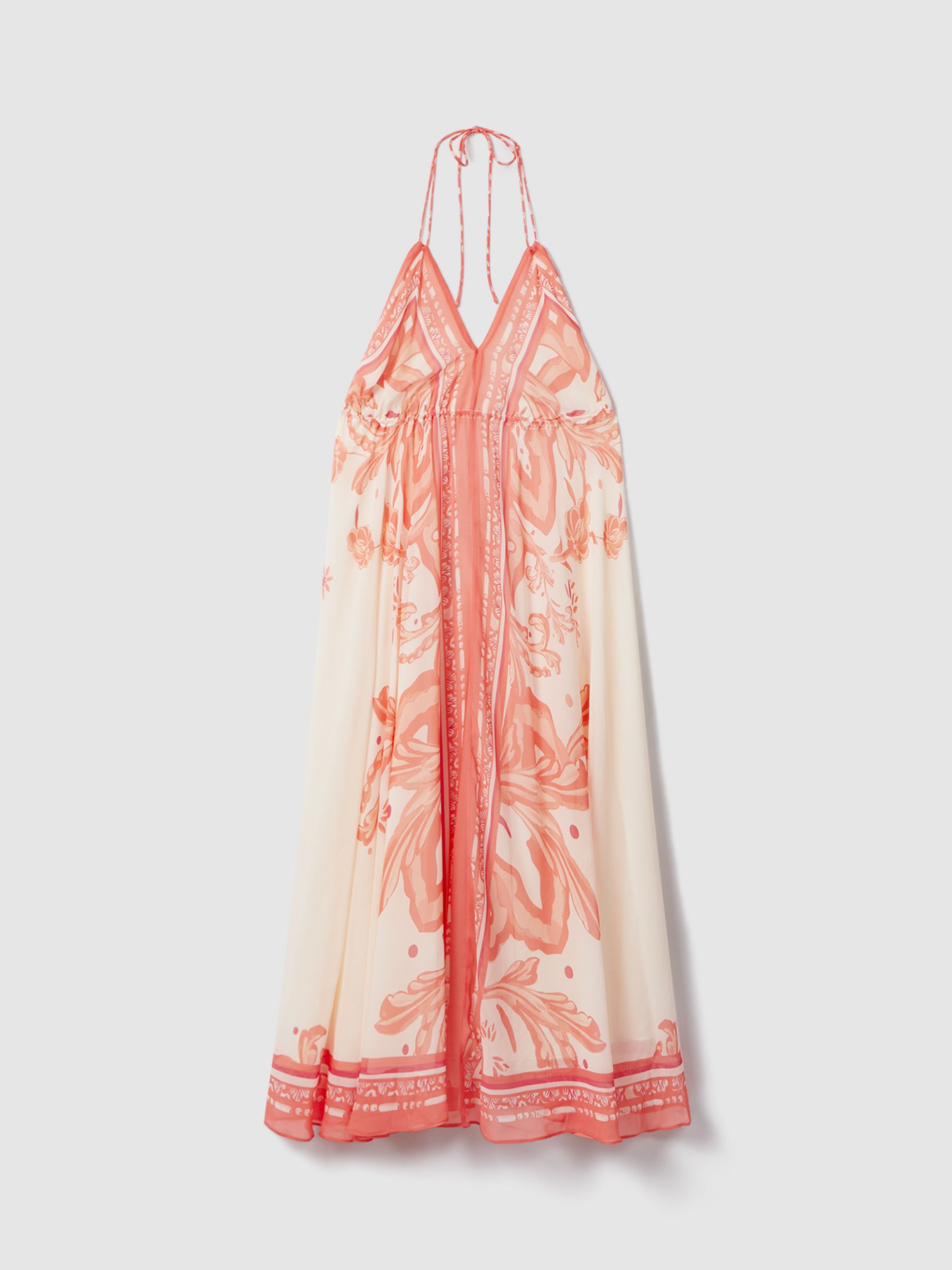 Reiss Delilah Placement Print Halterneck Maxi Dress, Coral/Cream, 6