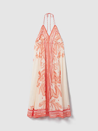Reiss Delilah Placement Print Halterneck Maxi Dress, Coral/Cream