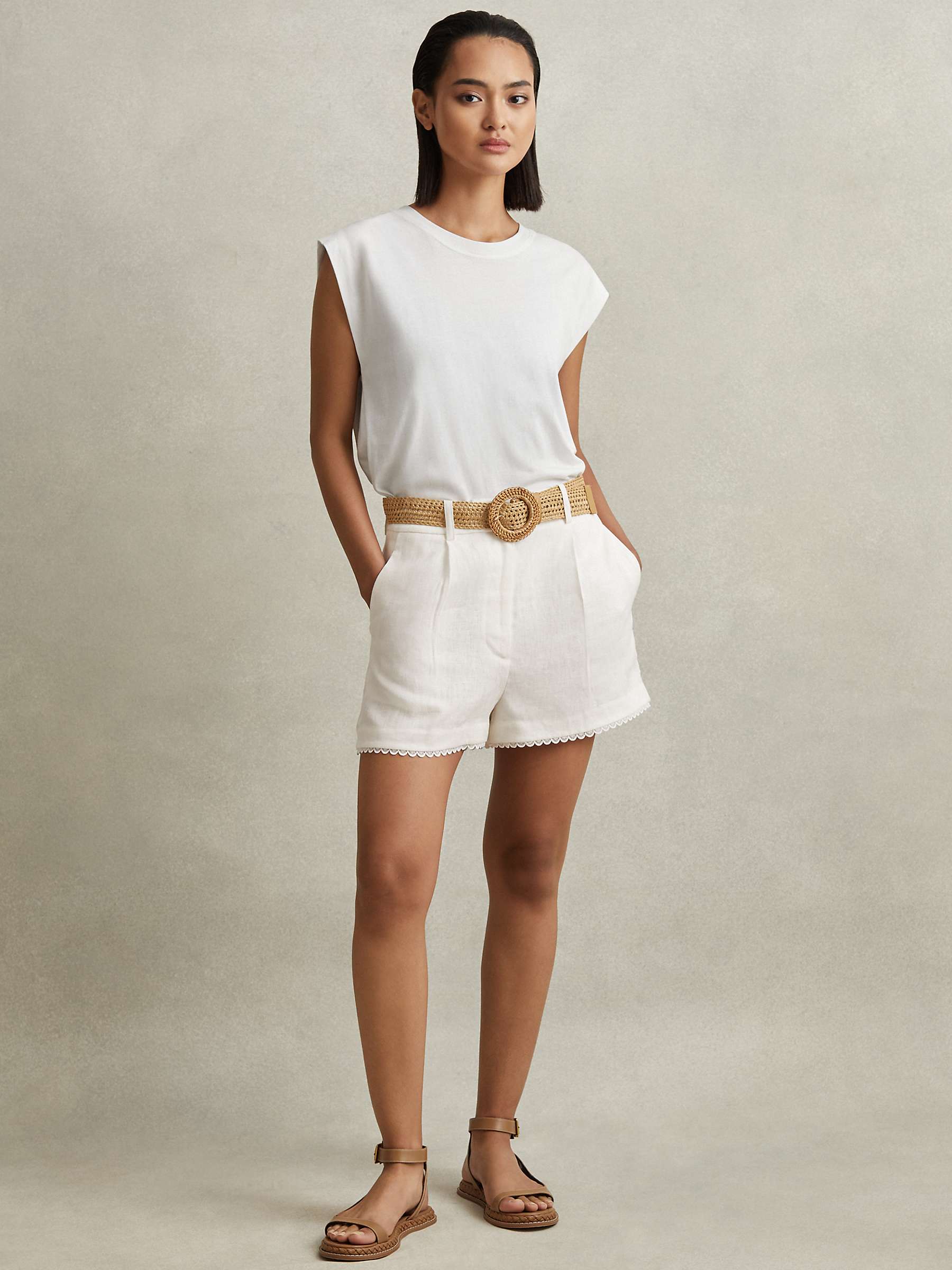 Buy Reiss Belle Raffia Belt Linen Shorts, White Online at johnlewis.com