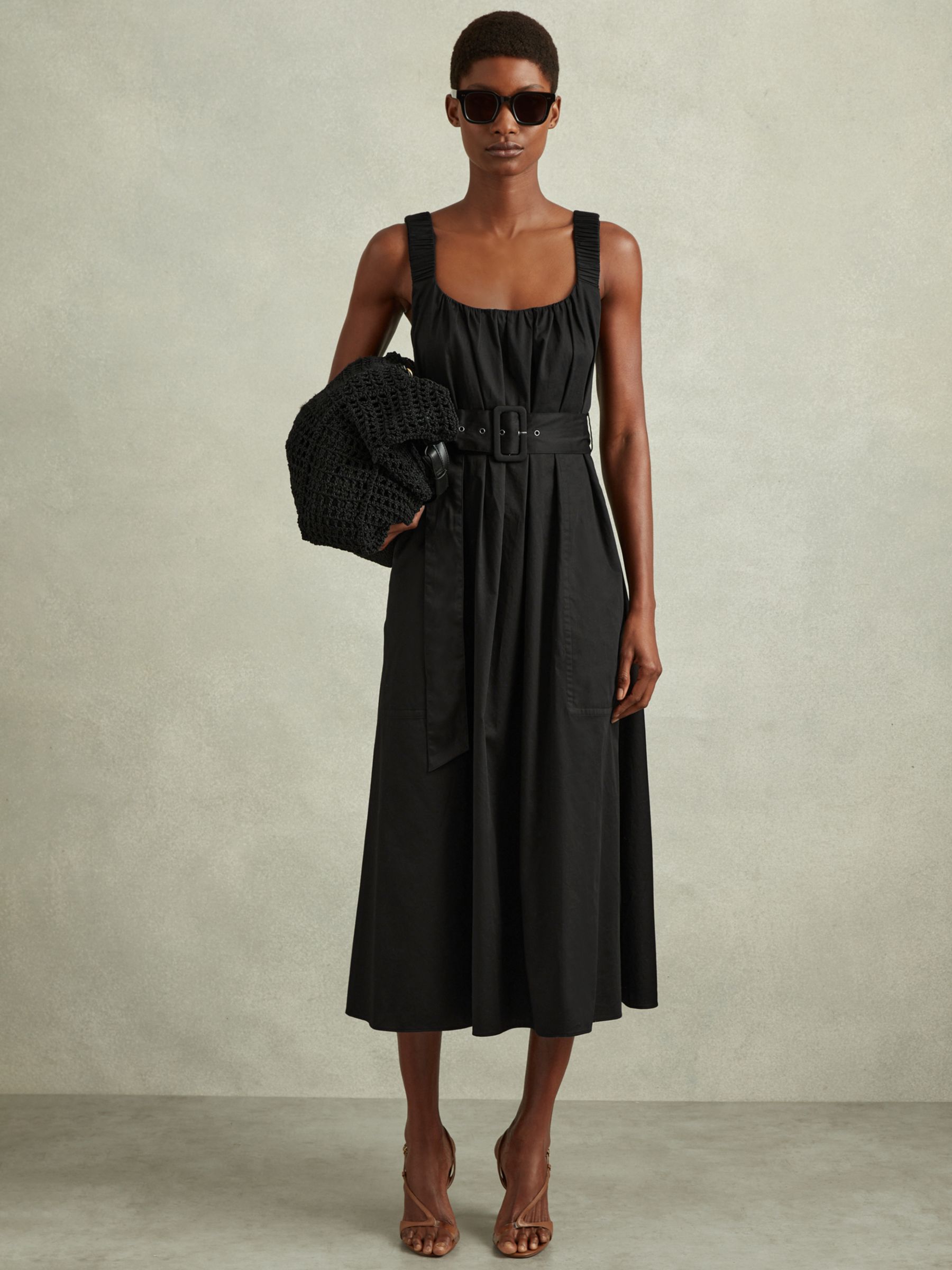Reiss Petite Liza Ruched Strap Cotton Midi Dress, Black, 6