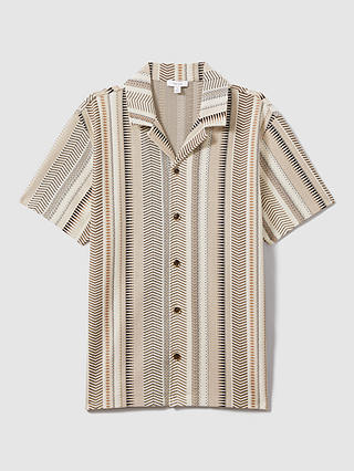 Reiss Archer Aztec Stripe Cuban Collar Shirt, Ecru/Multi