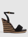 Reiss Selene Crochet Strap Stripe Wedge Heel Sandals, Black/Natural