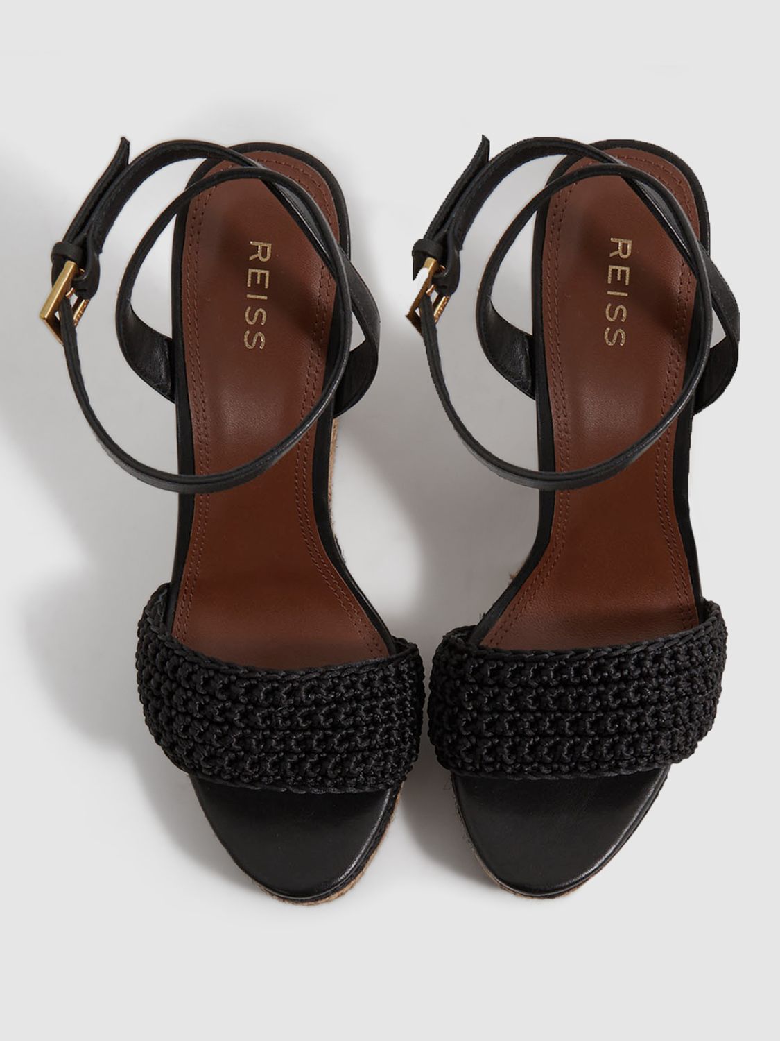 Buy Reiss Selene Crochet Strap Stripe Wedge Heel Sandals, Black/Natural Online at johnlewis.com