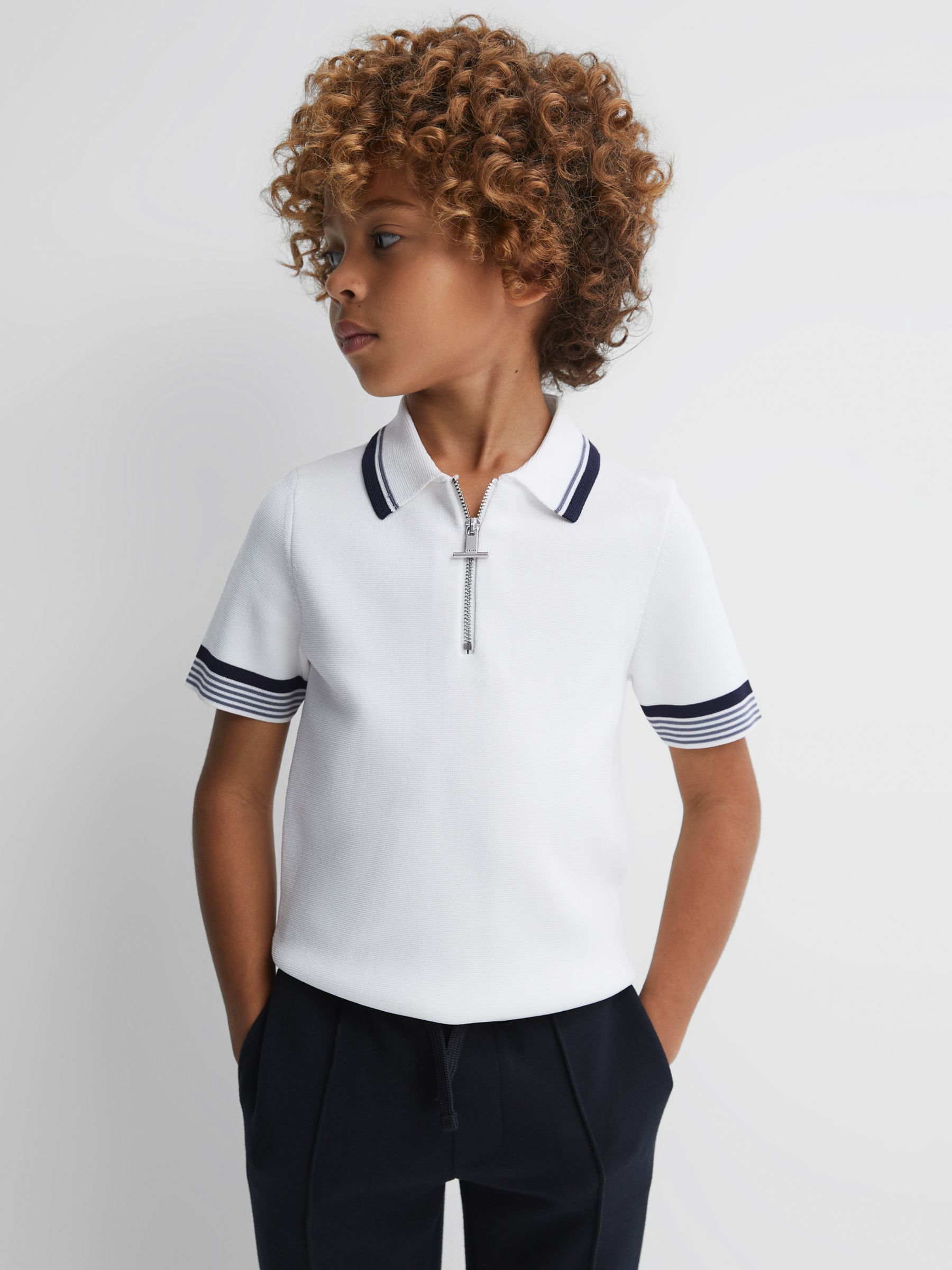 Reiss Kids' Chelsea Half Zip Short Sleeve Polo Shirt, Optic White