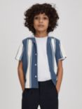 Reiss Kids' Alton Stripe Cuban Short Sleeve Shirt, Airforce Blue/White