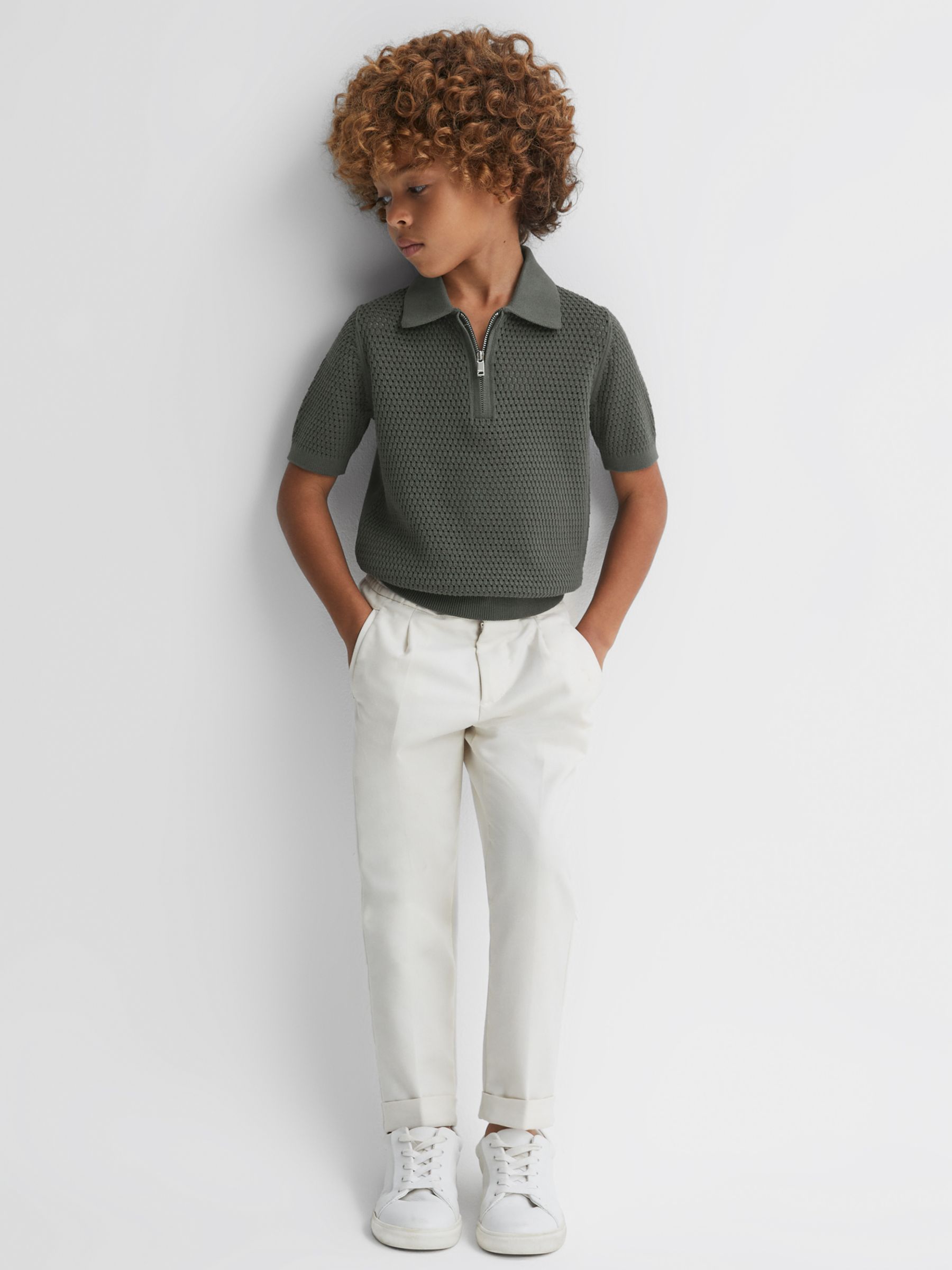 Reiss Kids' Burnham Half Zip Textured Polo Shirt, Dark Sage, 3-4 years