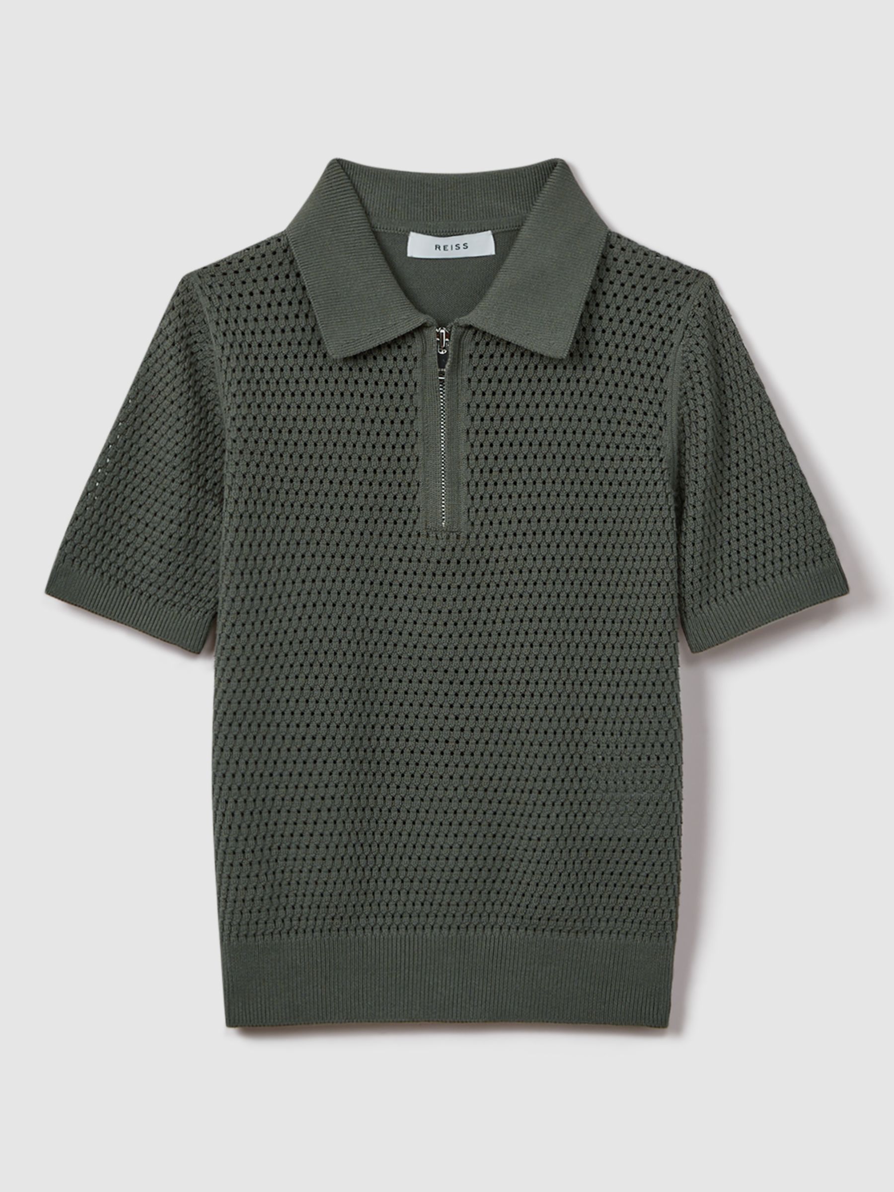 Reiss Kids' Burnham Half Zip Textured Polo Shirt, Dark Sage, 3-4 years
