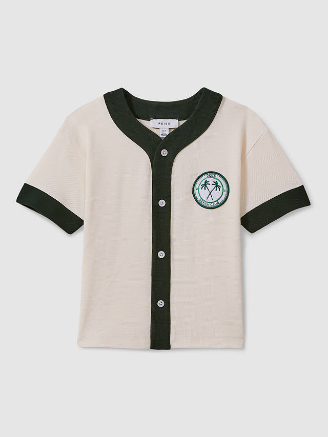 Reiss Kids' Ark Baseball Button Through Short Sleeve Shirt, Ecru/Green