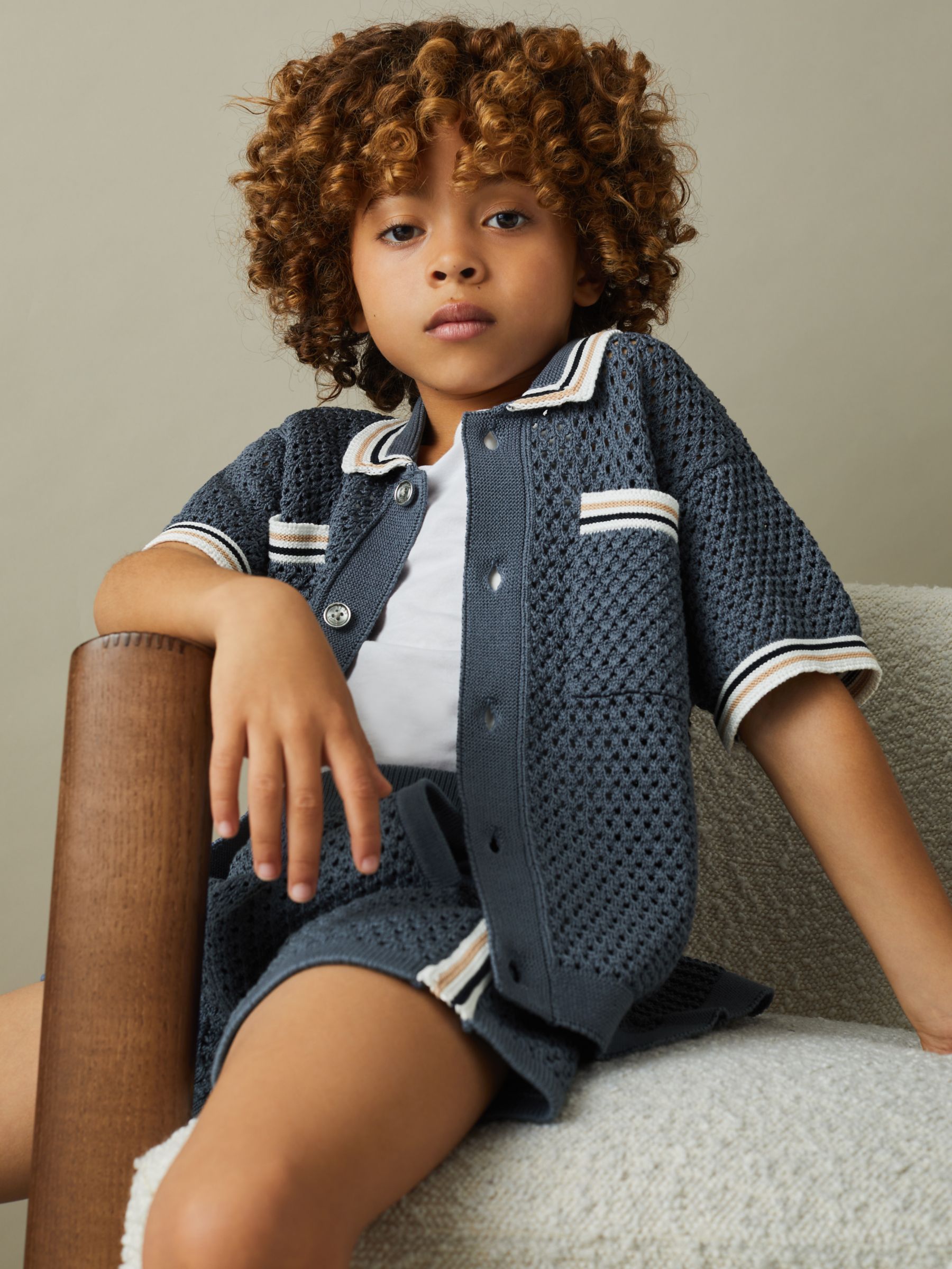 Reiss Kids' Coulson Crochet Contrast Trim Shirt, Airforce Blue, 3-4 years