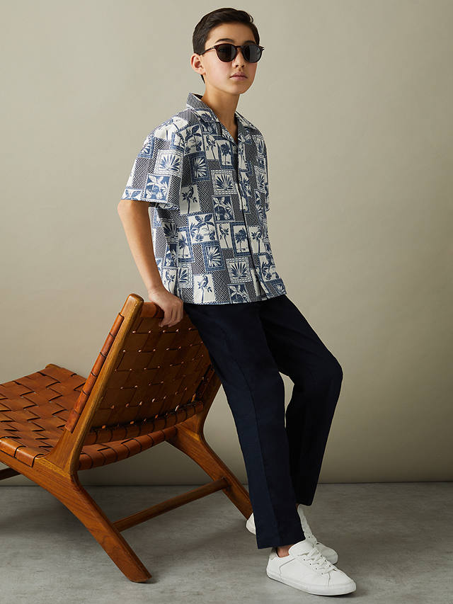 Reiss Kids' Basin Parrot & Palm Tile Print Cuban Short Sleeve Shirt, Airforce Blue